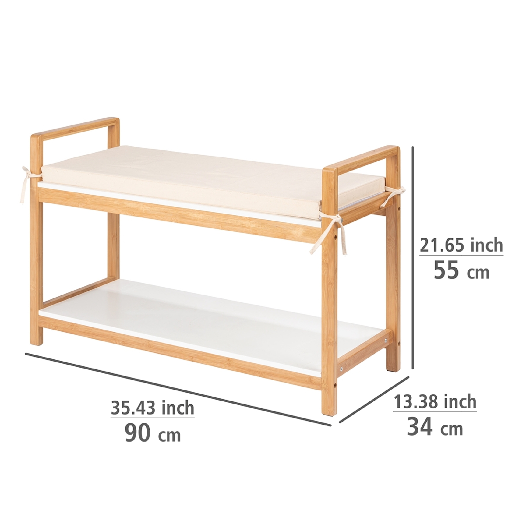 Moderne Bambus-Schuhbank mit weiß-beiger Polstersitzfläche 90×34×55 cm frontal leicht schräg von rechts aufgenommen