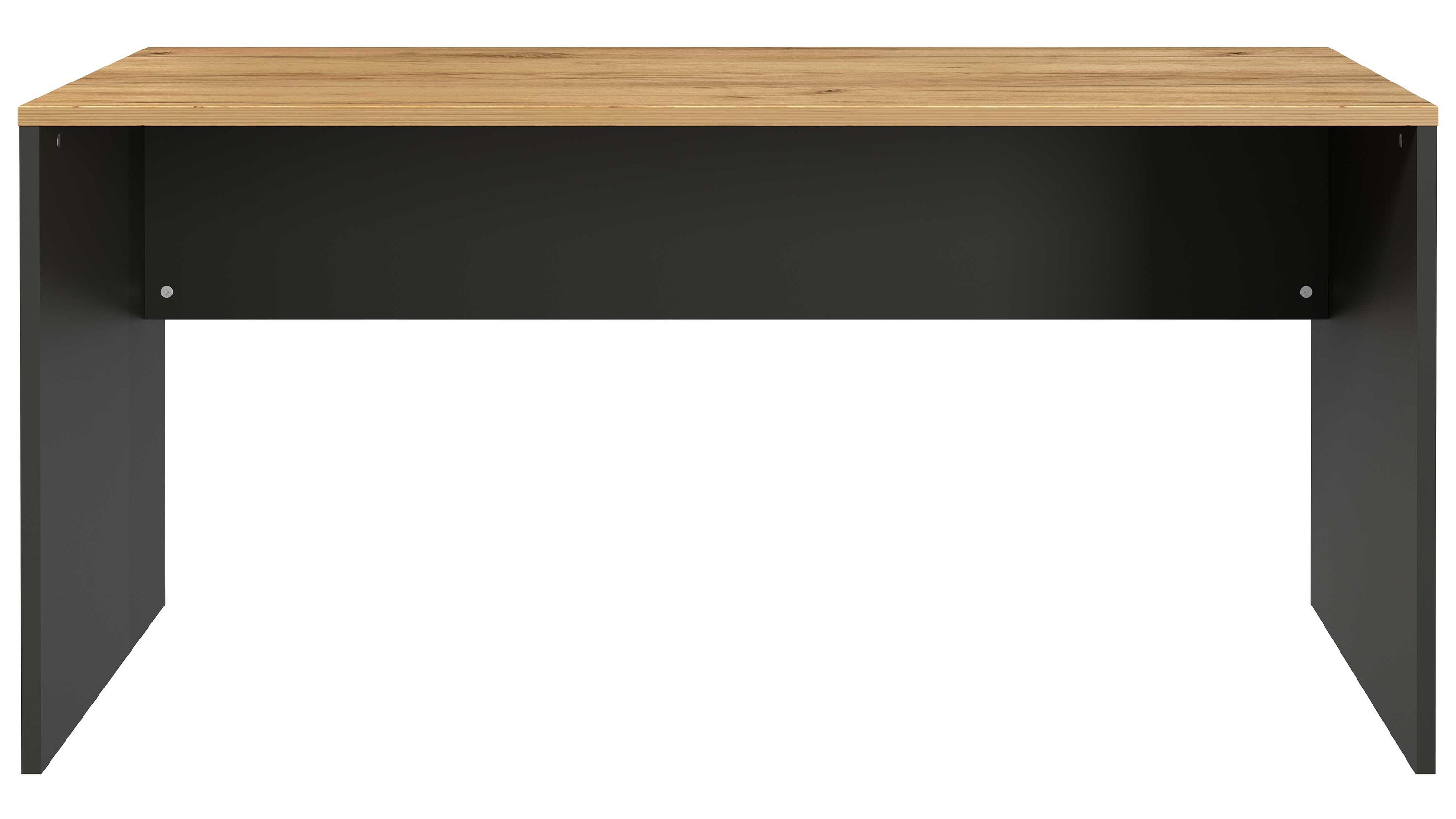 Schreibtisch mit rechteckiger Holzplatte in heller Farbe und dunklem Untergestell