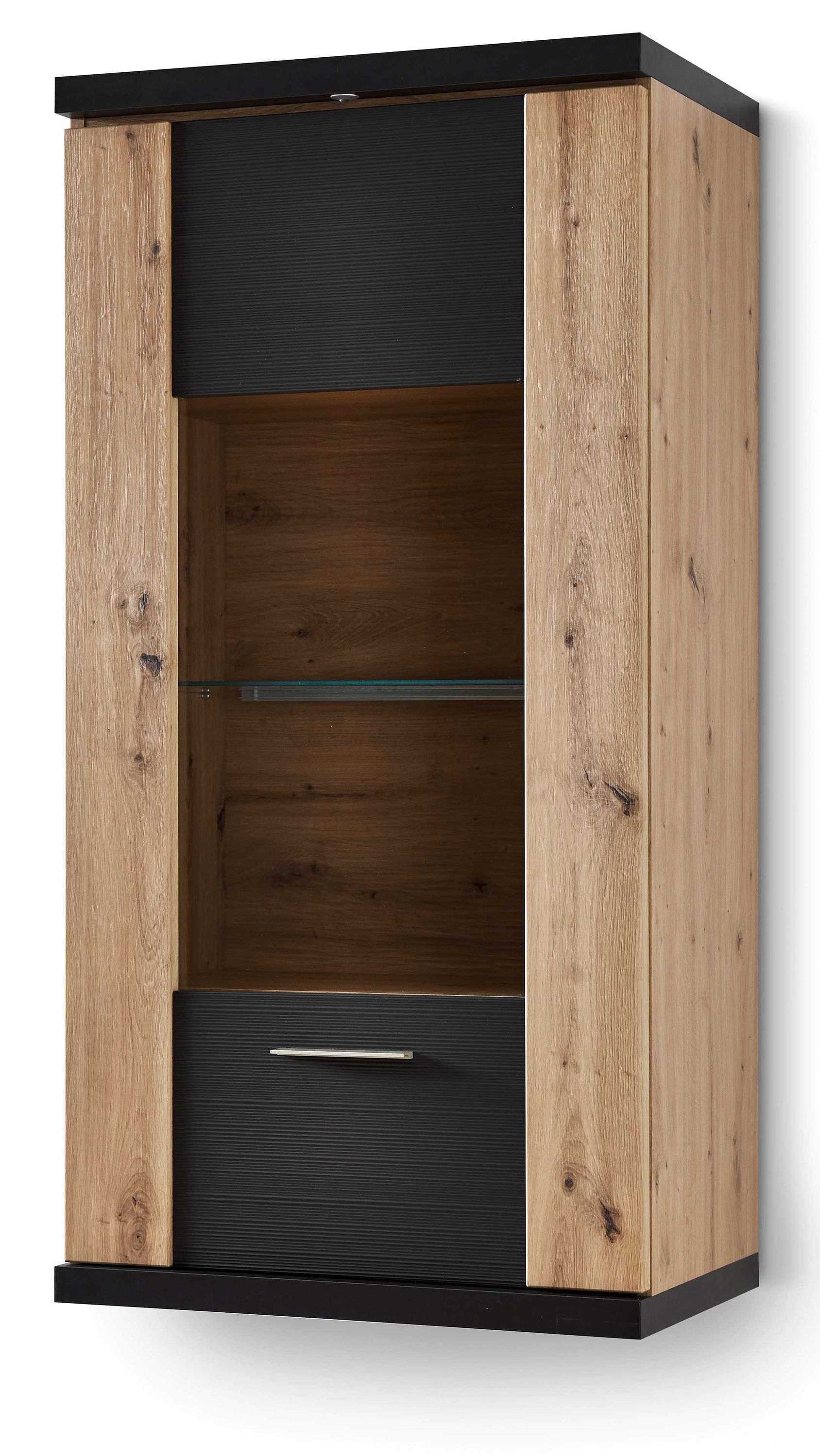 Hängende Vitrine mit einer Tür rechts graue Fronten und Holzoptik seitlich und innen mit Glasablage