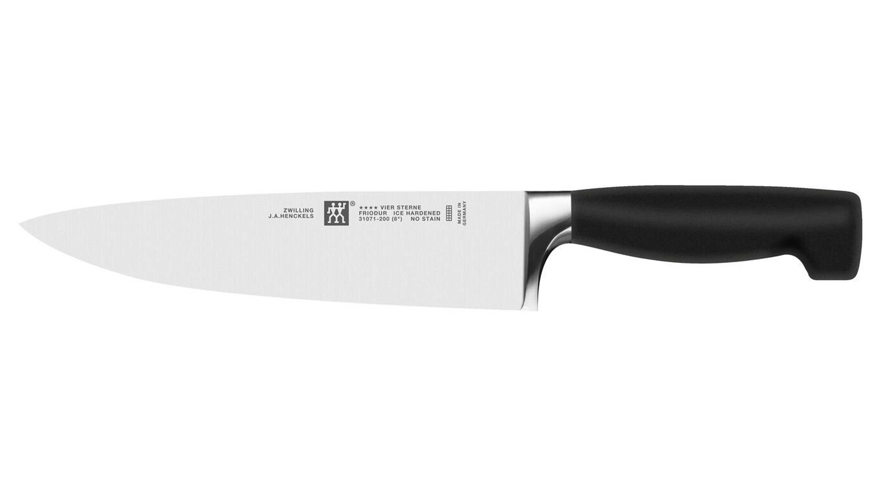 Kochmesser mit schwarzem Griff und langer Klinge Kochmesser mit langer spitz zulaufender Klinge und schwarzem Griff