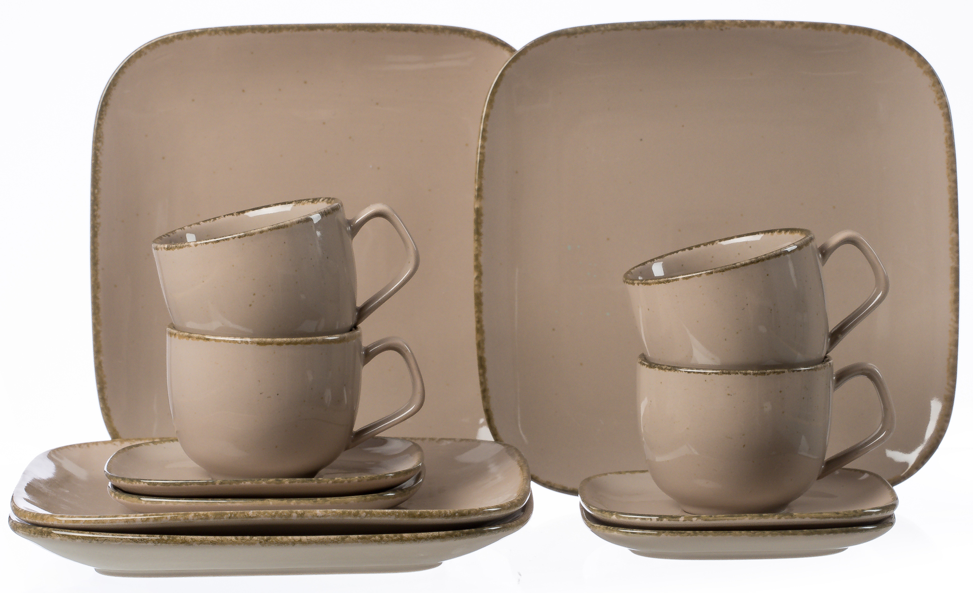 Kaffeegeschirr mit quadratischen Tellern und Tassen in Grau Graues Kaffeegeschirr mit quadratischen Tellern und Tassen mit Henkel