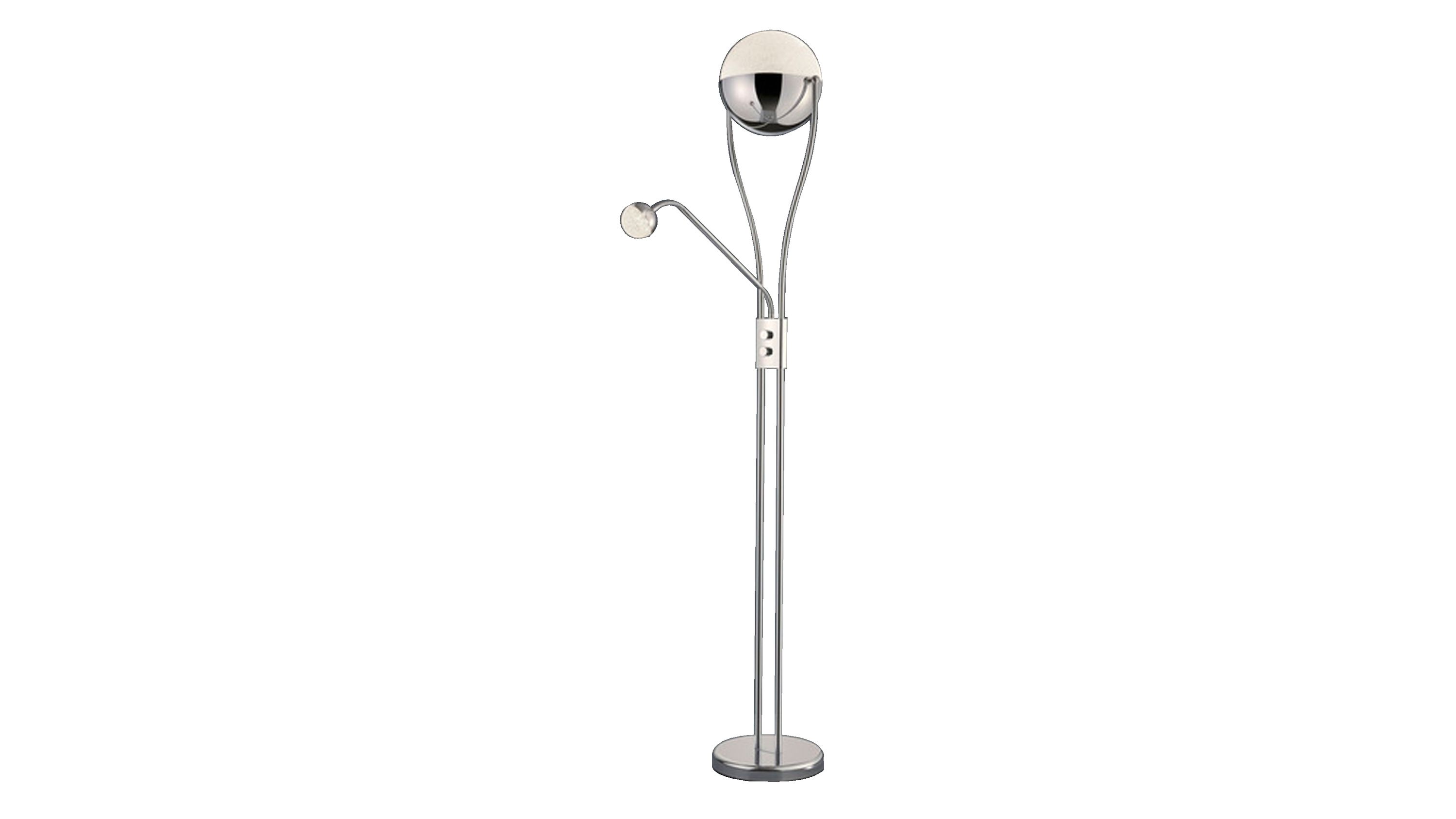 Silberne Stehlampe mit zwei Leuchten Stehlampe mit rundem Fuß und zwei Leuchten eine große nach oben gerichtete und eine kleinere seitliche silberfarben