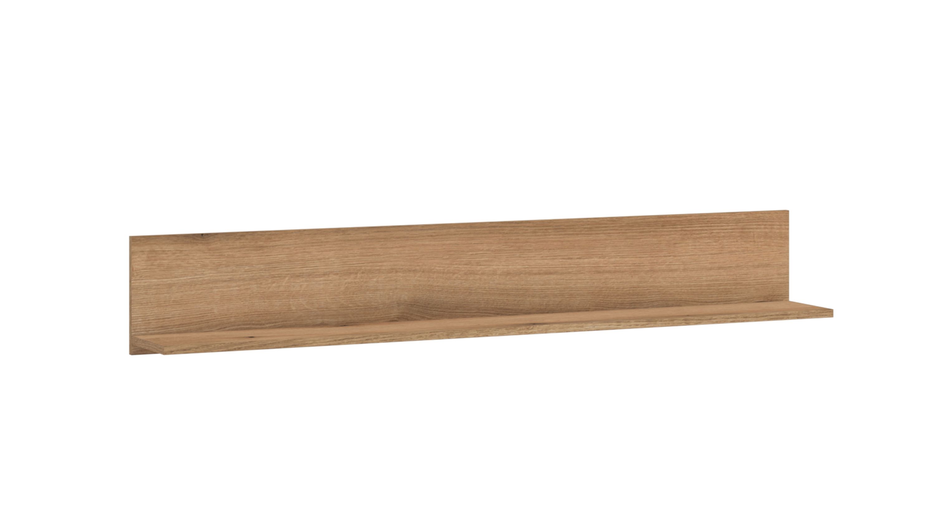 Wandboard mit einer Ablagefläche in Holzoptik und schwarzem Rückwandpaneel