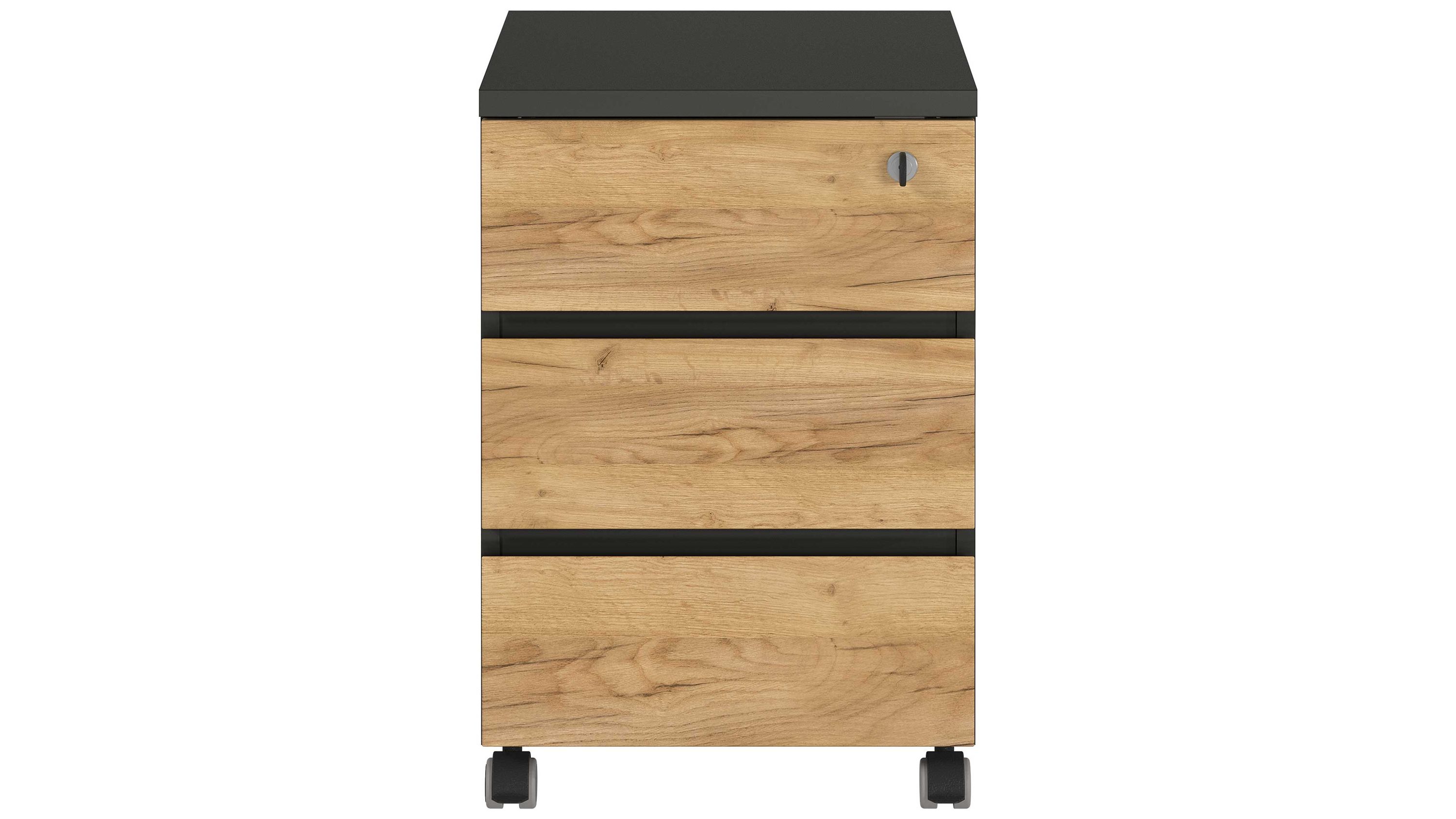 Rollcontainer mit drei Schubladen in Holzoptik und schwarzer Oberfläche Rollcontainer mit drei Schubladen in holzfarbener Optik und schwarzer Oberfläche auf Rollen