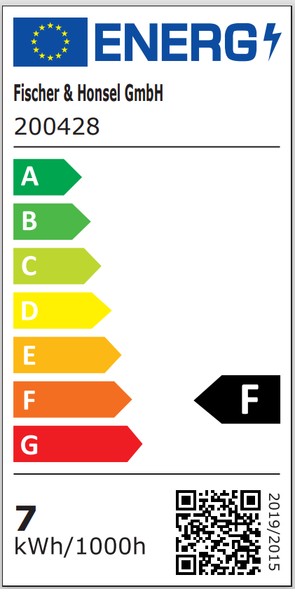 Energieetikett mit Farbskala von a++ bis e  Markierung bei f  QR-Code unten rechts sichtbar
