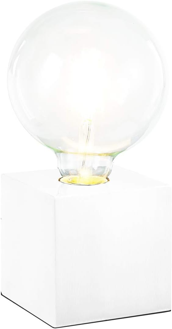 Tischlampe mit weißem Sockel und Glaskugel Tischlampe mit runder Glühbirne auf weißem, quaderförmigem Sockel, frontal fotografiert