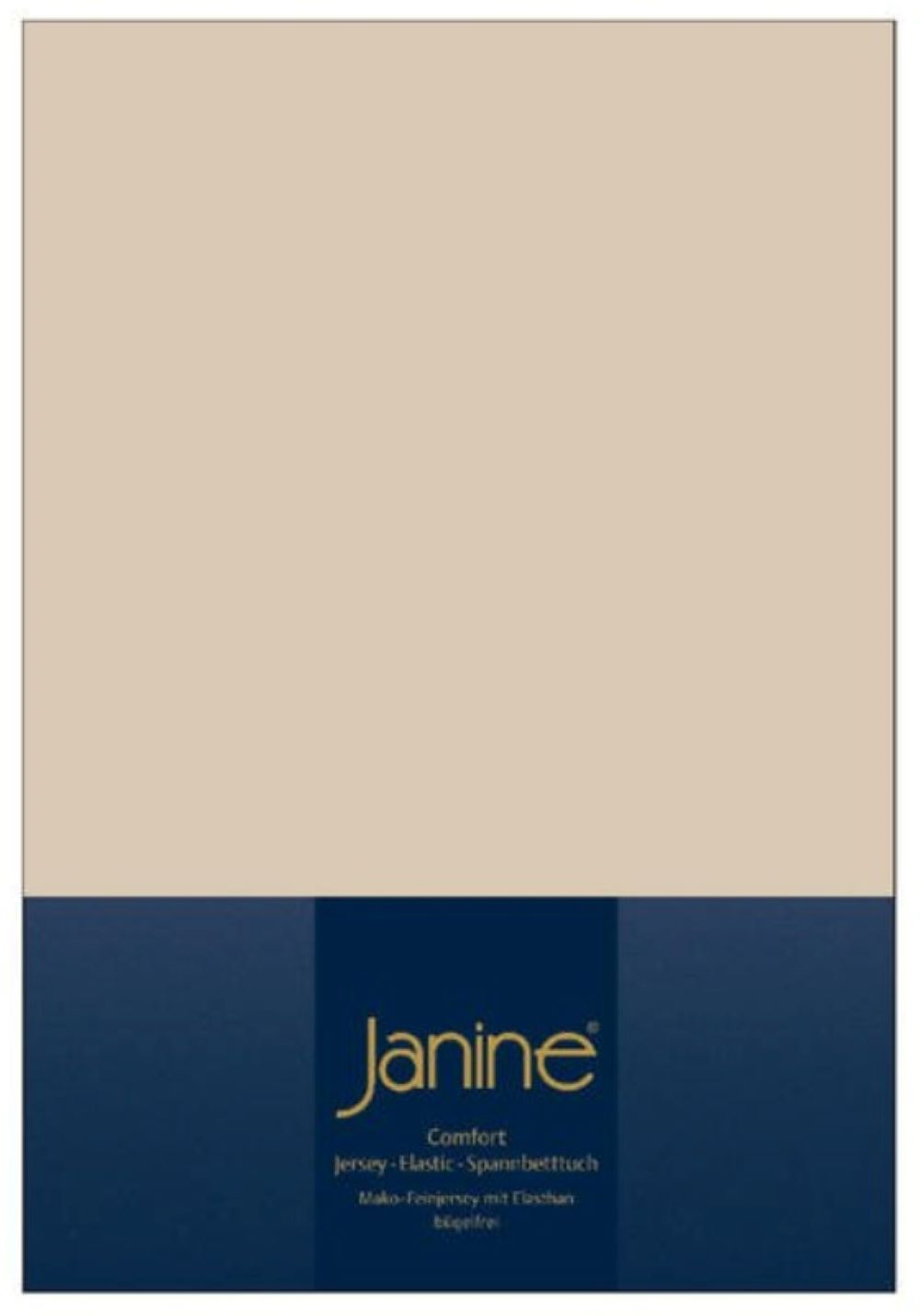 Beiges Spannbetttuch in dunkelblauer Verpackung mit goldener Janine-Aufschrift  frontal leicht von oben fotografiert