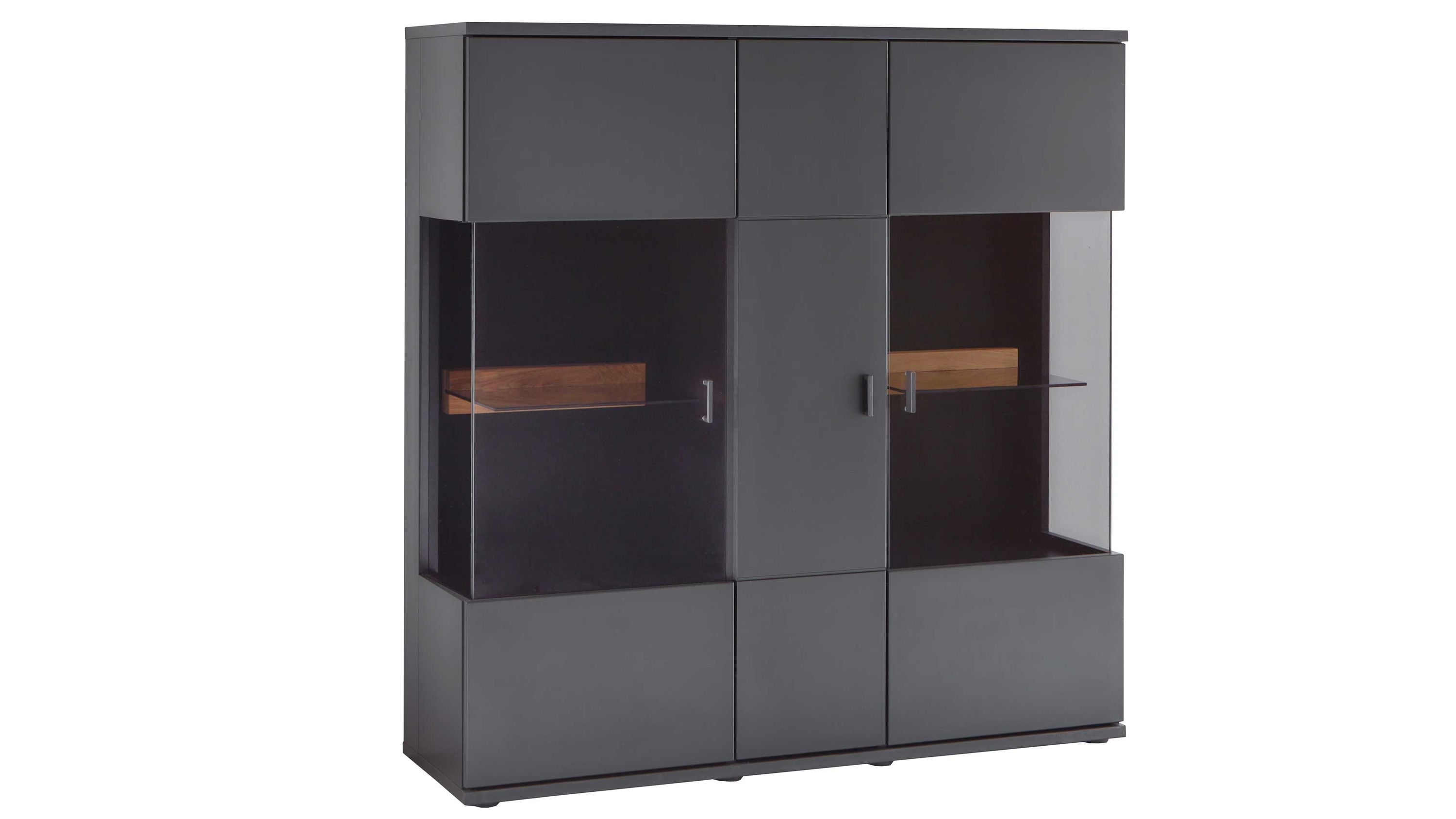 Highboard mit drei Türen und zwei Glasvitrinen schwarzgrau mit Holzakzenten