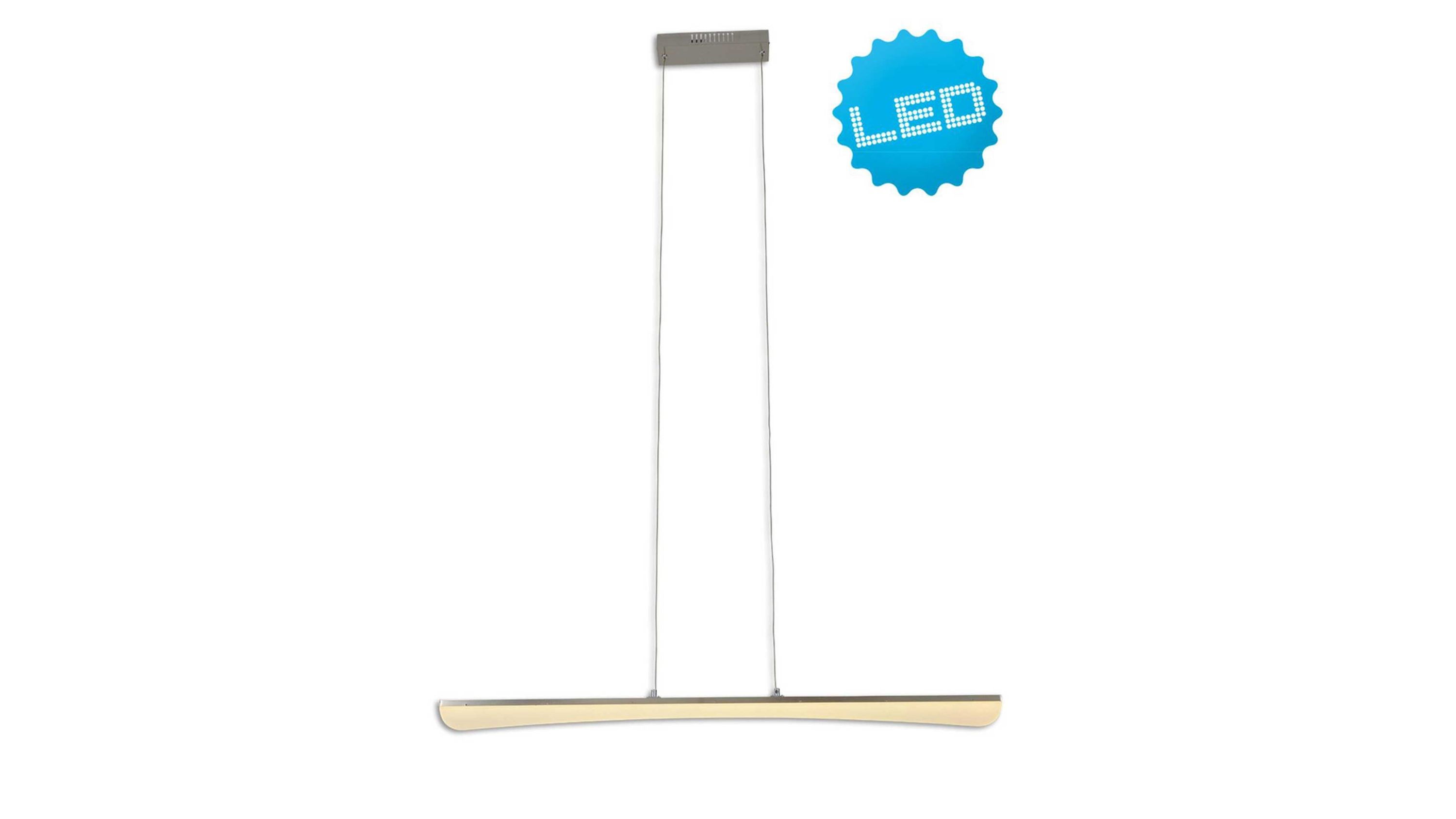 LED-Pendelleuchte mit langem gebogenem Leuchtkörper in weiß und chromfarbenen Aufhängungen