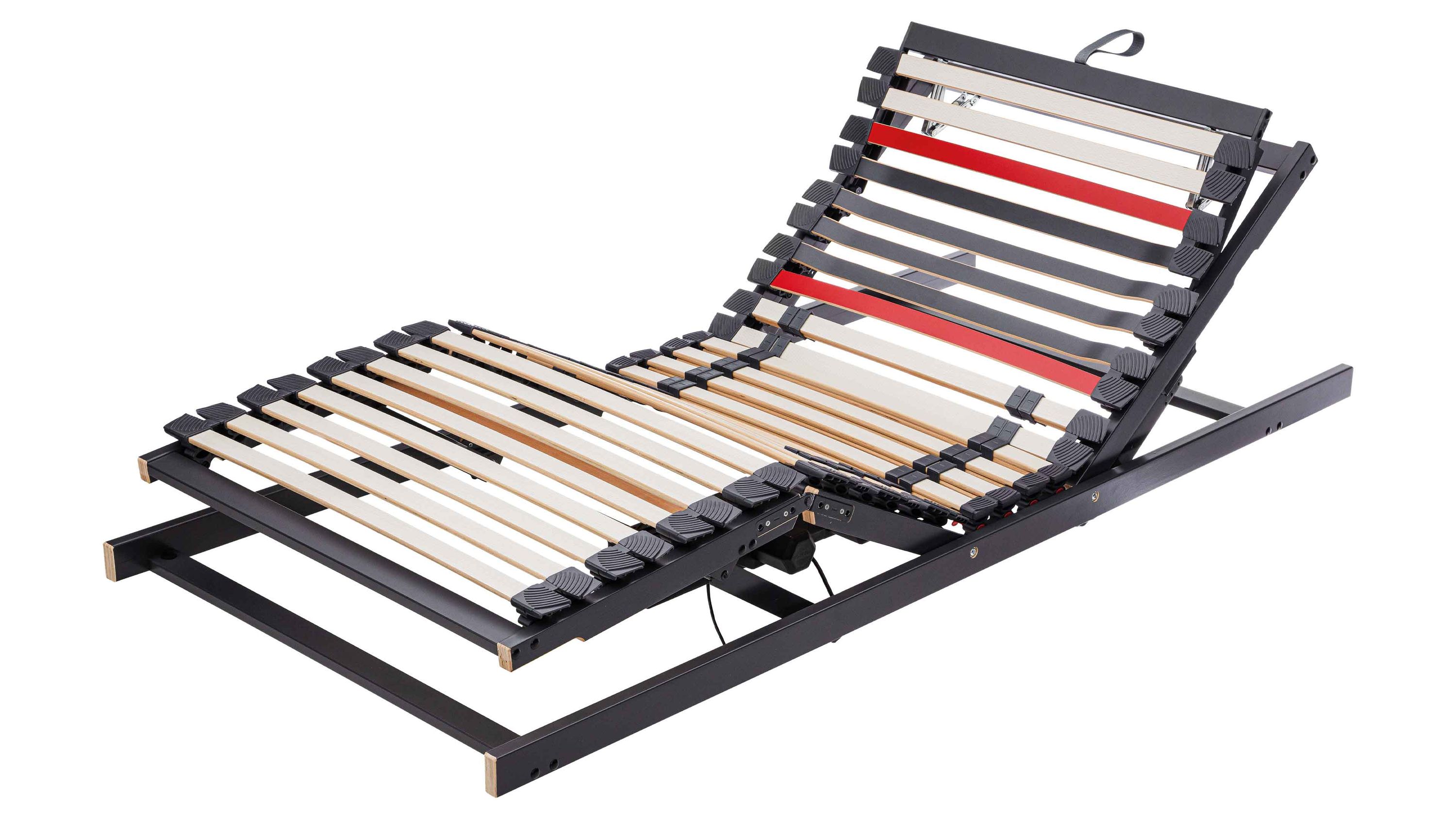 Verstellbarer Lattenrost mit Motoren und Kabel Verstellbarer Lattenrost mit zwei Motoren und Kabel Holzlatten in schwarzem Metallrahmen