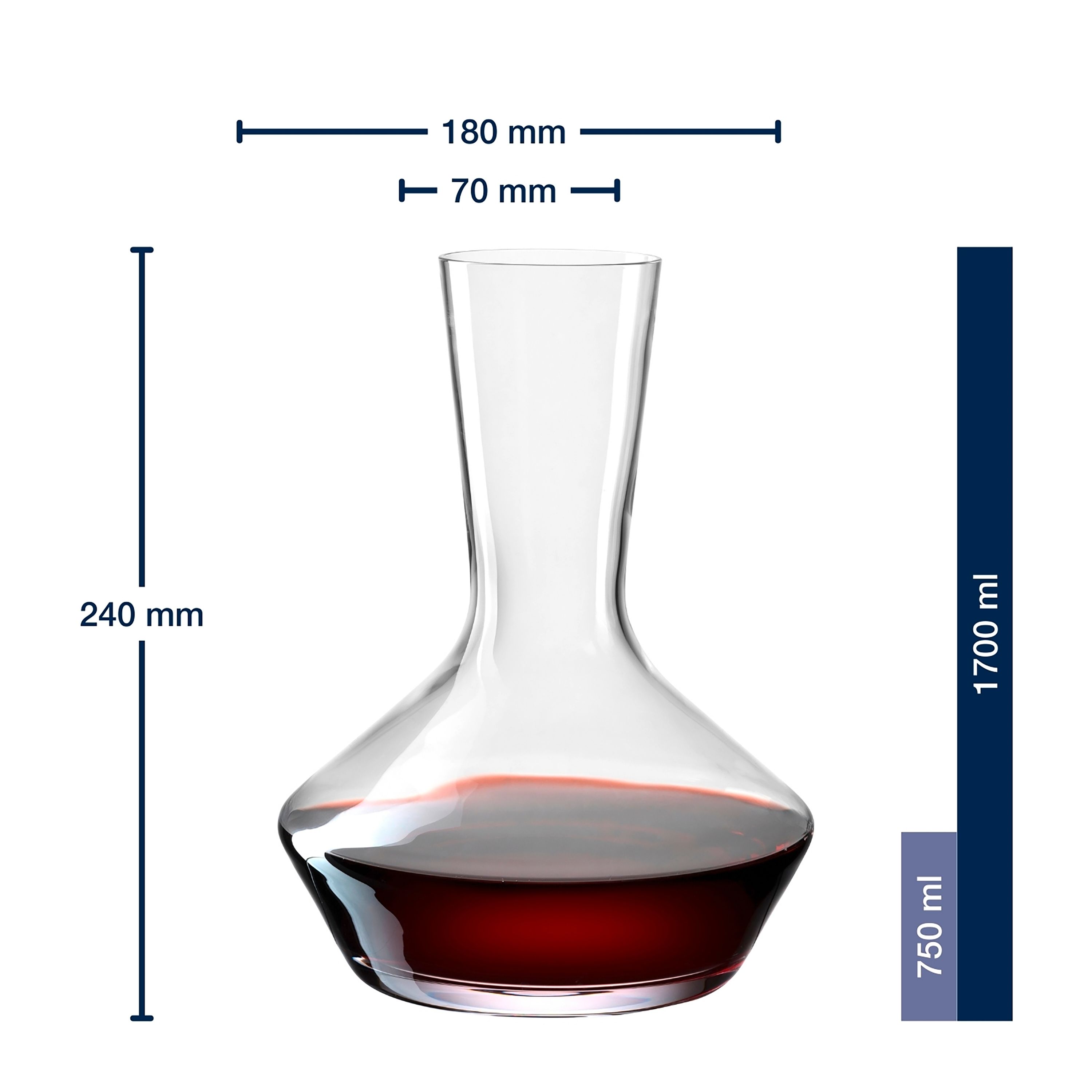 Transparenter Decanter aus Glas mit breitem bauchigem Boden und schmalem Hals teilweise mit rotem Wein gefüllt