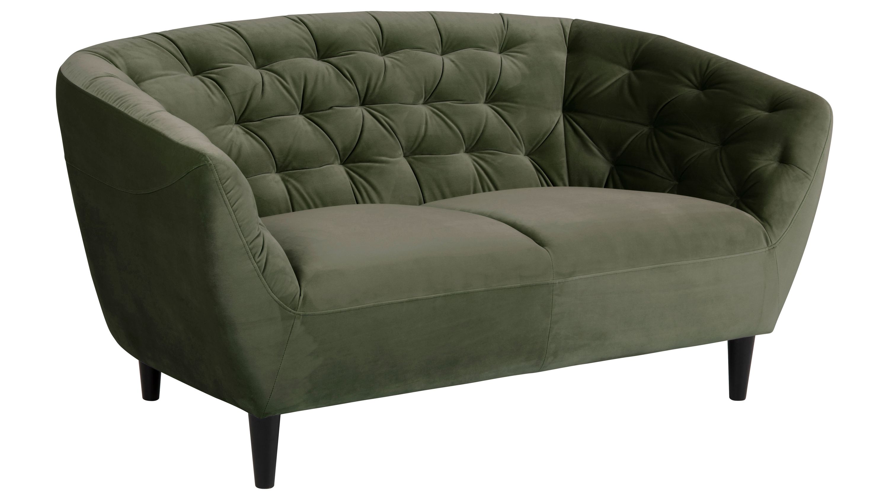Zweisitzer-Sofa in grün mit schwarzen Holzfüßen Zweisitziges Sofa mit gewölbter Rückenlehne und Armlehnen grün bezogen schwarze Holzfüße