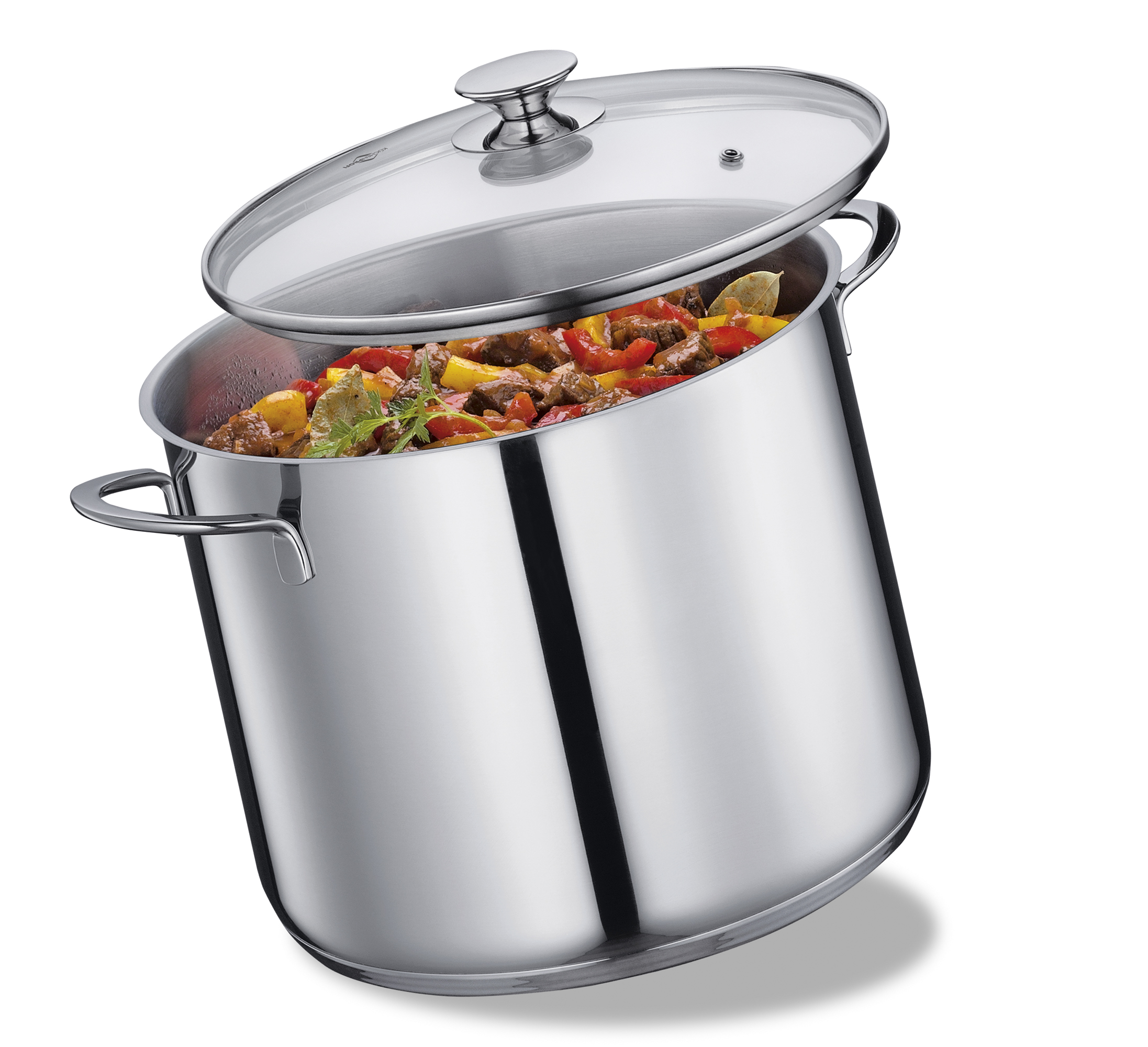 Runder Suppentopf aus Metall mit zwei Griffen und Glasdeckel gefüllt mit Gemüseeintopf