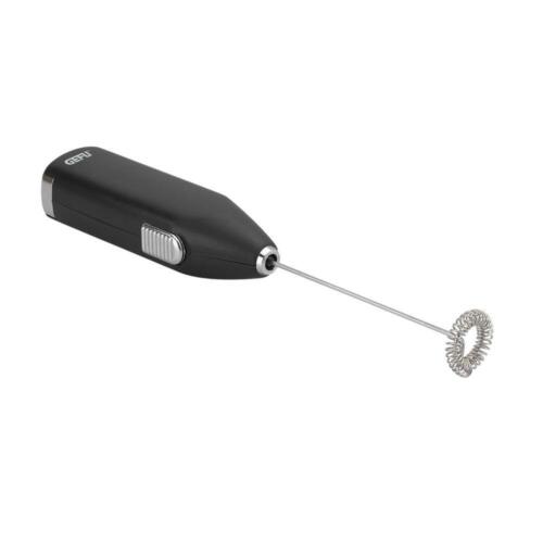 Elektrischer Milchaufschäumer mit schwarzem Soft-Touch-Griff und Edelstahl-Quirl