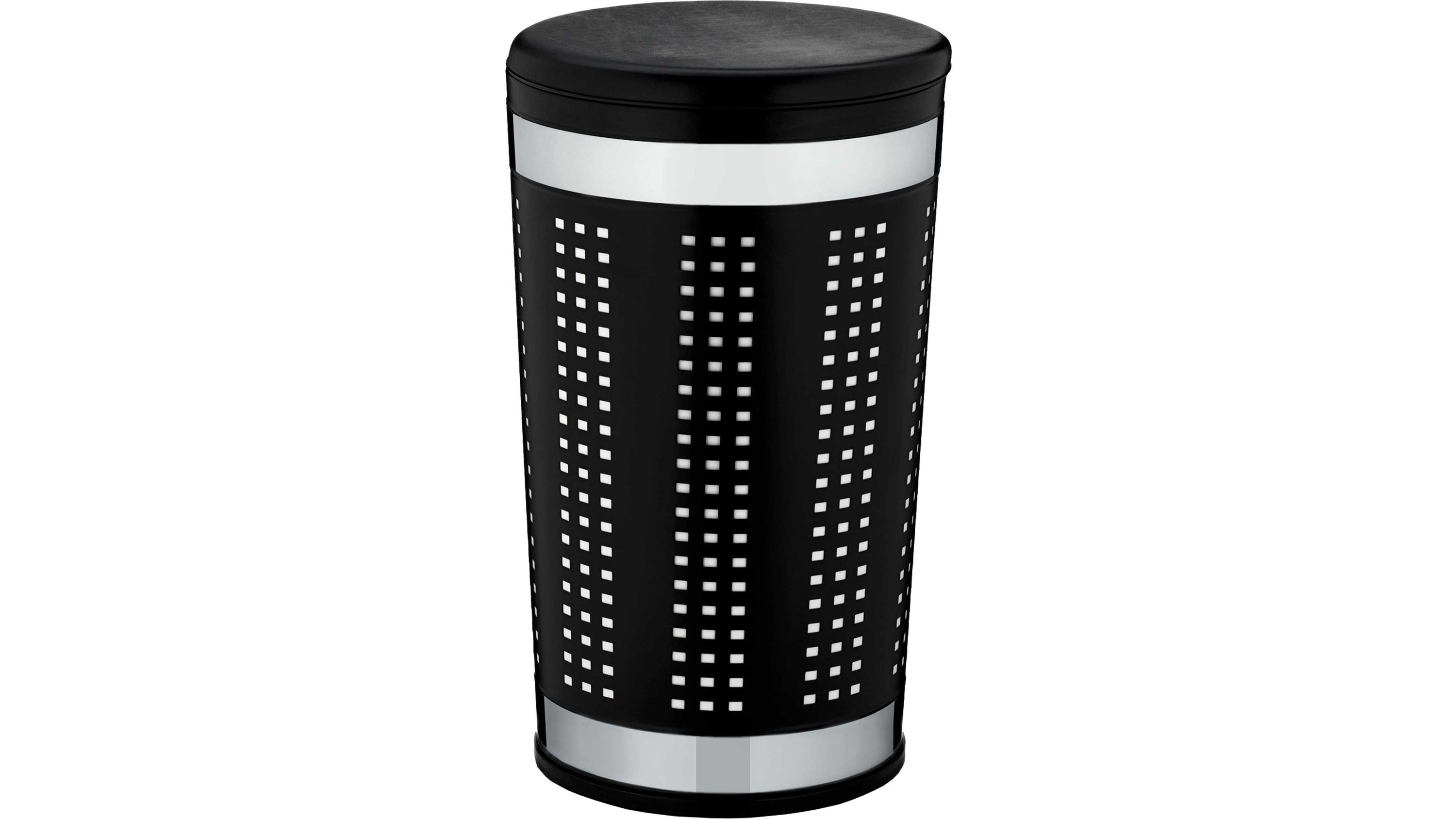 Runde Sitz-Wäschebox aus schwarzem Metall Runde schwarze Wäschebox mit Sitzfläche und gelochtem Metallkörper