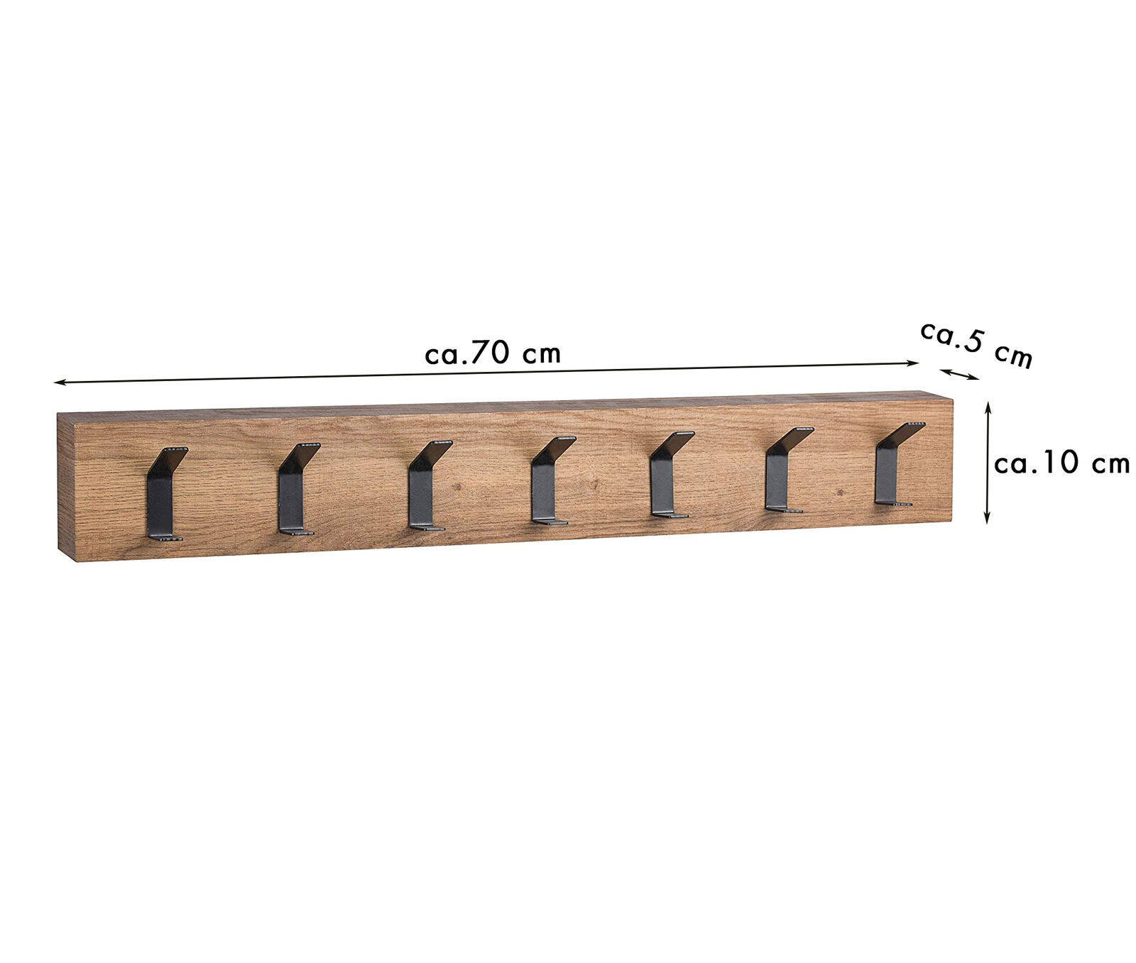 Garderobenleiste aus braunem Holz mit sieben schwarzen Haken  Maße 72 5?×?10?×?7 5?cm  frontal dargestellt