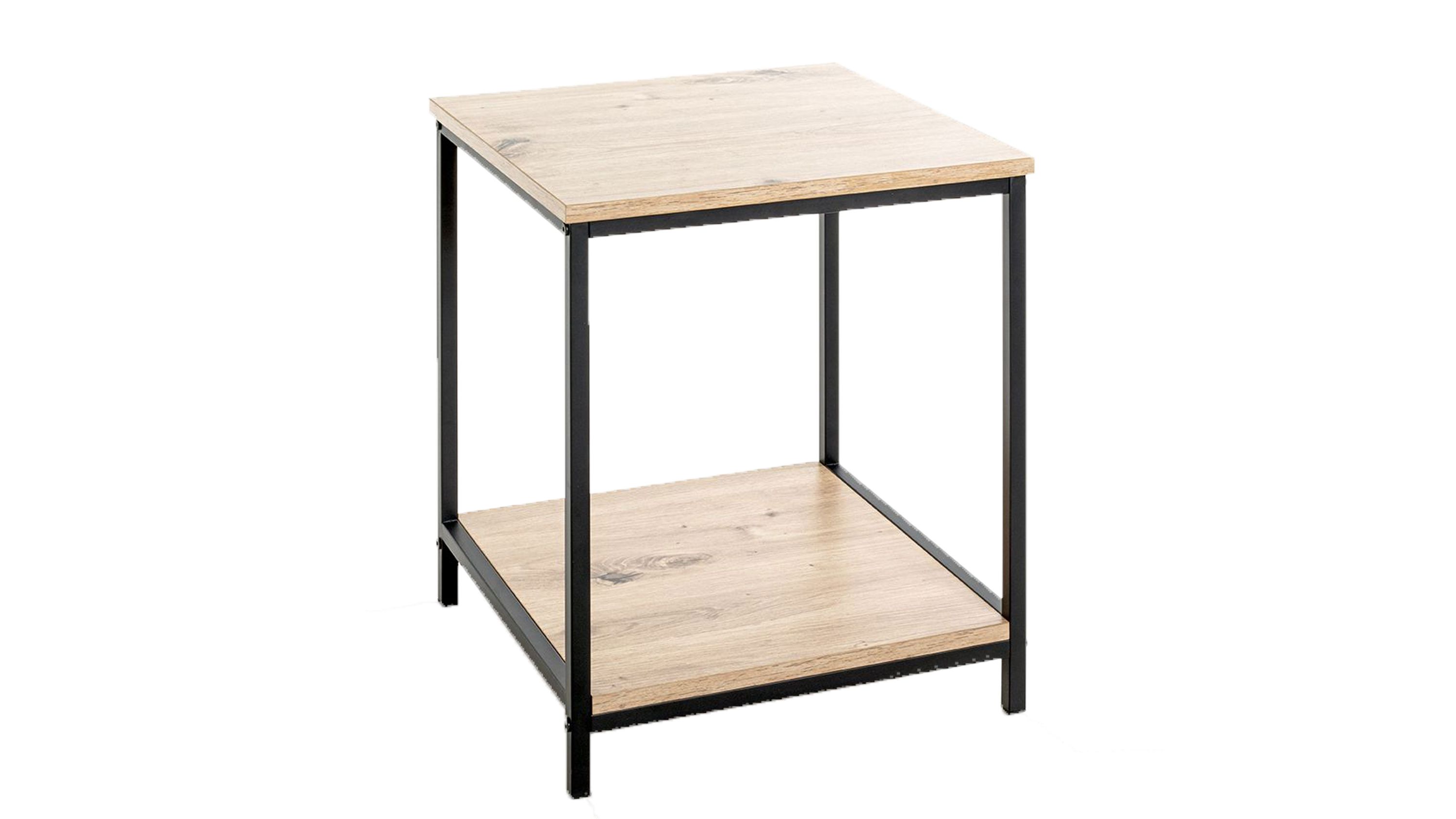 Quadratischer Beistelltisch mit zwei Holzplatten und schwarzem Metallgestell