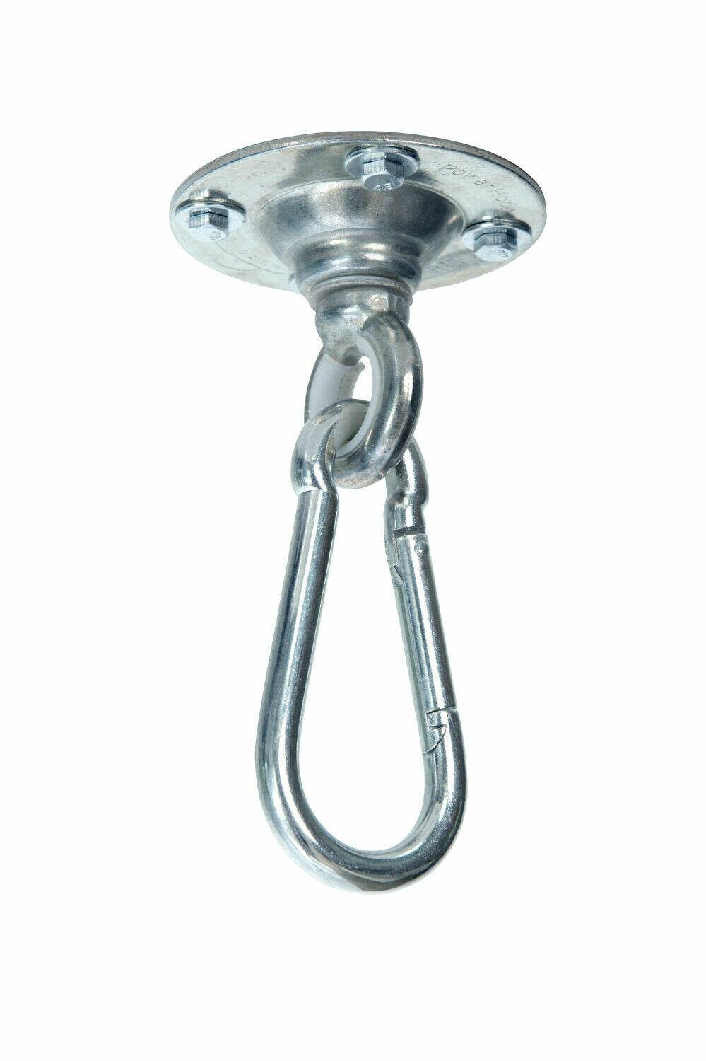 Einzelansicht des Deckenhaken mit Karabiner freigestellt vor weißem Hintergrund