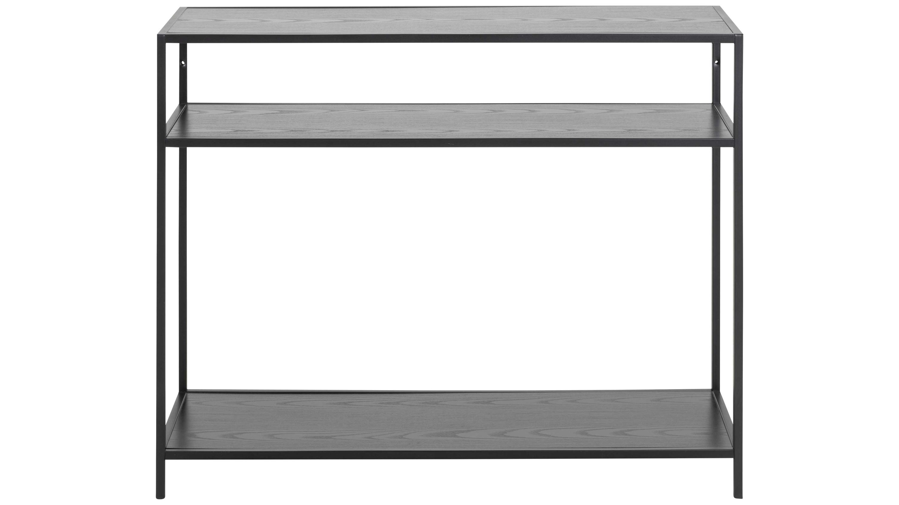 Schwarzer Konsoltisch mit drei rechteckigen Ablageflächen und dünnem Metallgestell