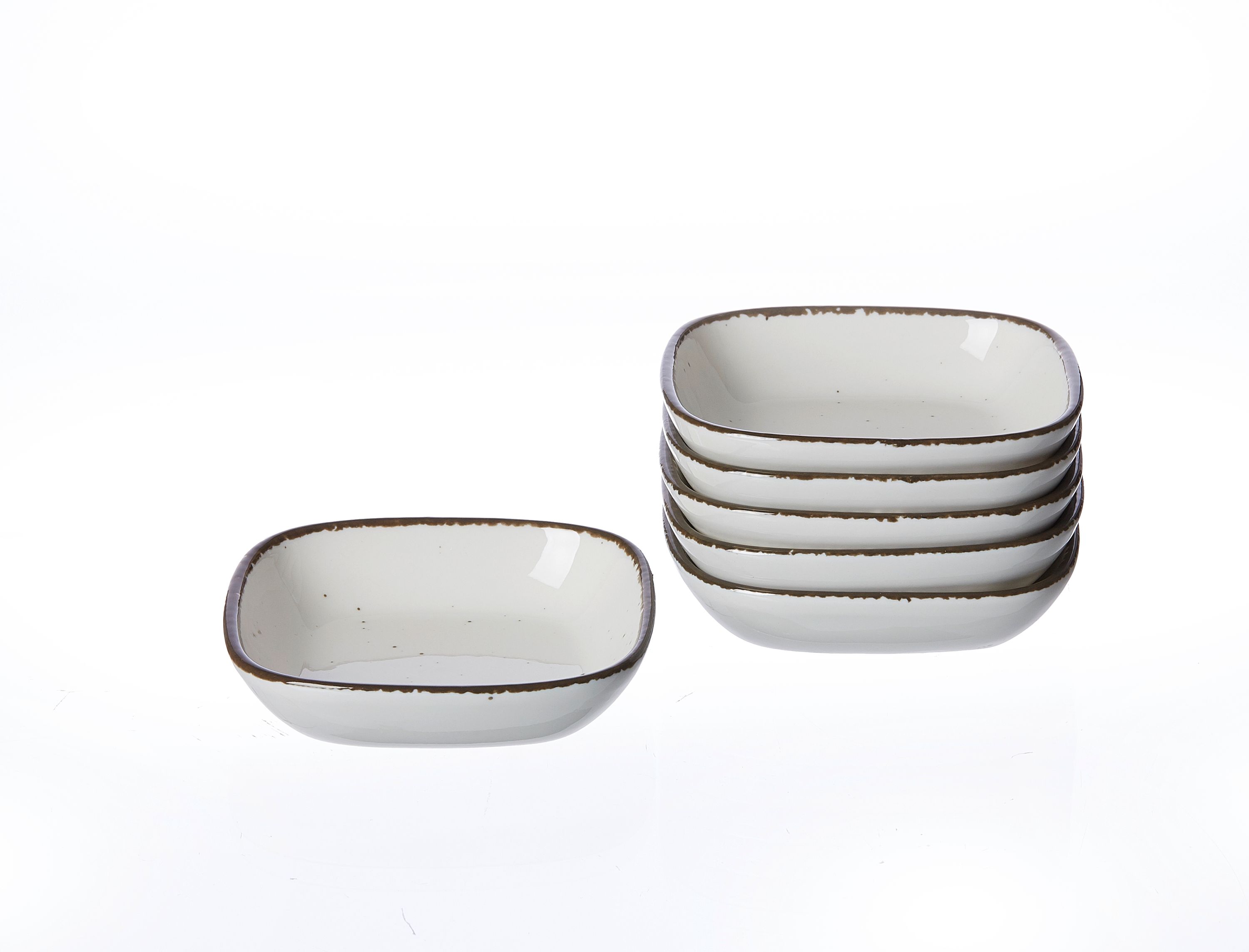 Sechsteiliges Set rechteckiger Dipschalen in beige mit dunklem Rand