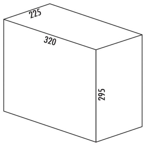 Rechteckiges Prisma mit Maßangaben: 225 mm oben, 320 mm vorne, 295 mm seitlich, frontal leicht von oben dargestellt.