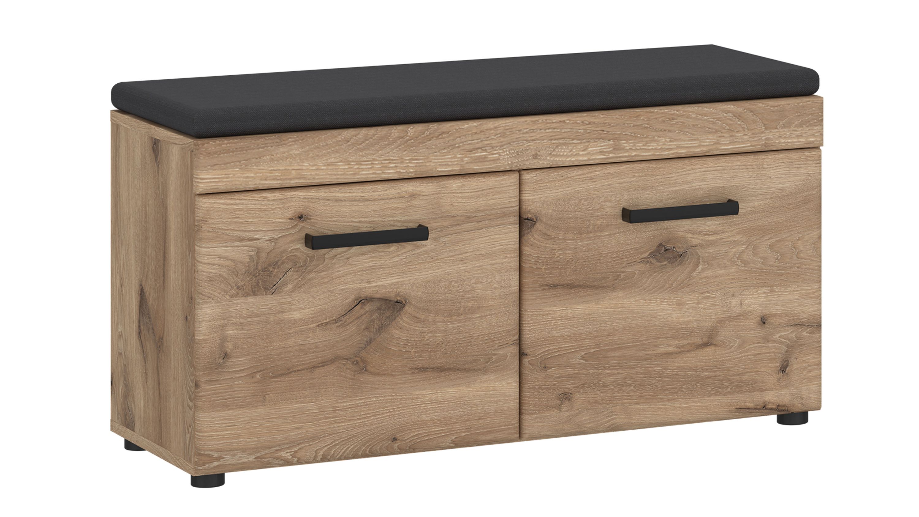 Garderobenbank mit Holzoptik und schwarzer Sitzfläche Garderobenbank mit zwei Türen in Holzoptik und schwarzer gepolsterter Sitzfläche