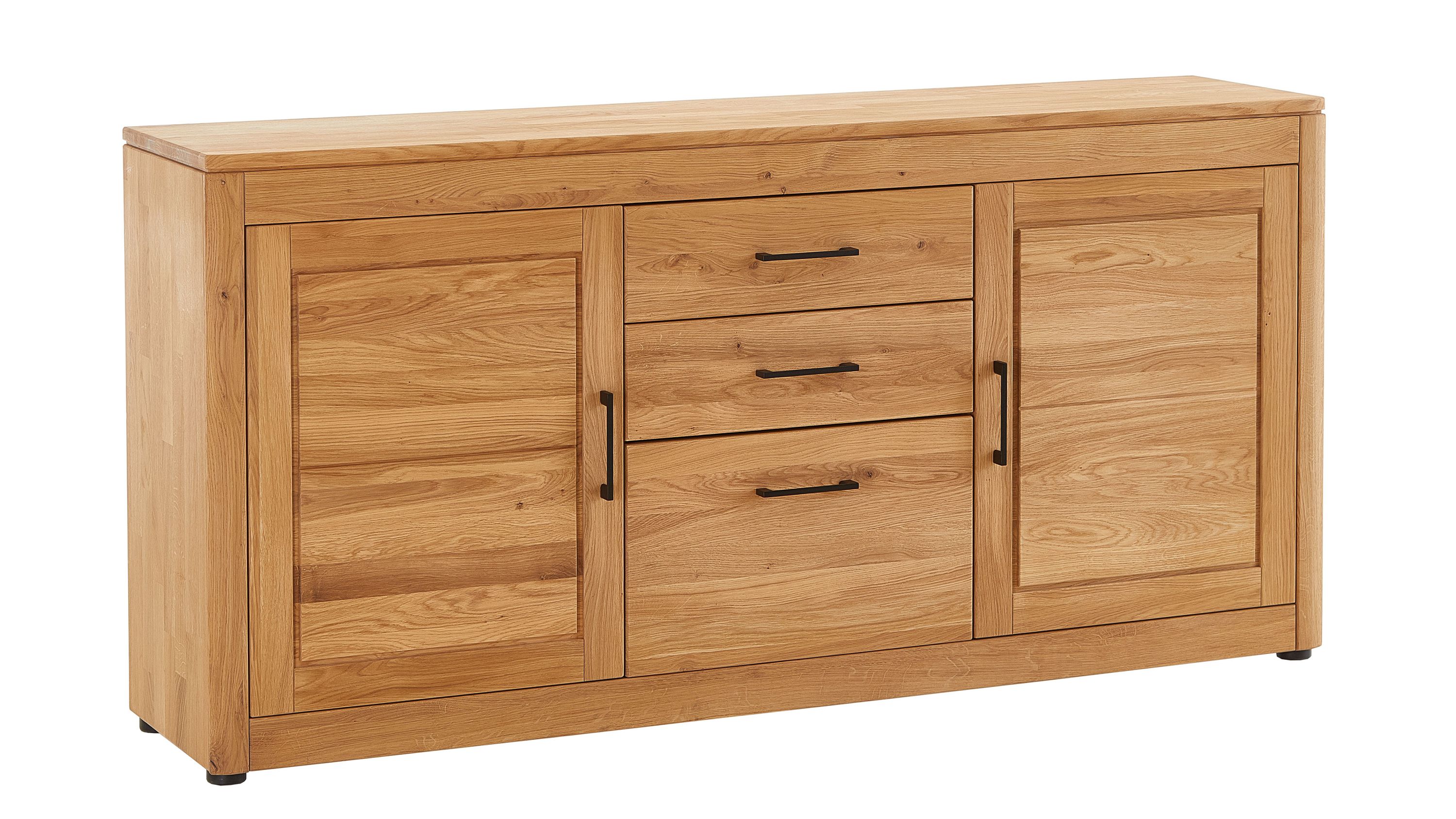 Sideboard mit zwei Holztüren und drei Schubkästen in geölter Eiche mit schwarzen Griffen