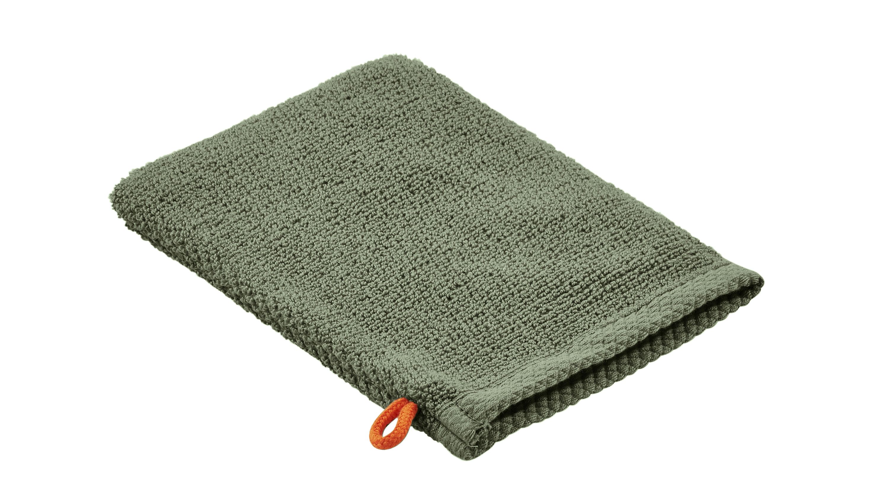 Khakifarbener Waschhandschuh mit Schlaufe aus Stoff