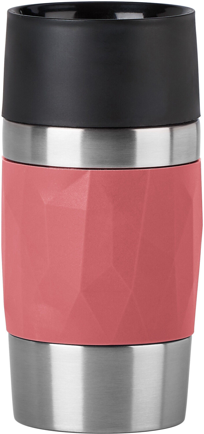 Thermobecher mit schwarzem Deckel Edelstahlkörper pinker Griffzone frontal vor hellem Hintergrund