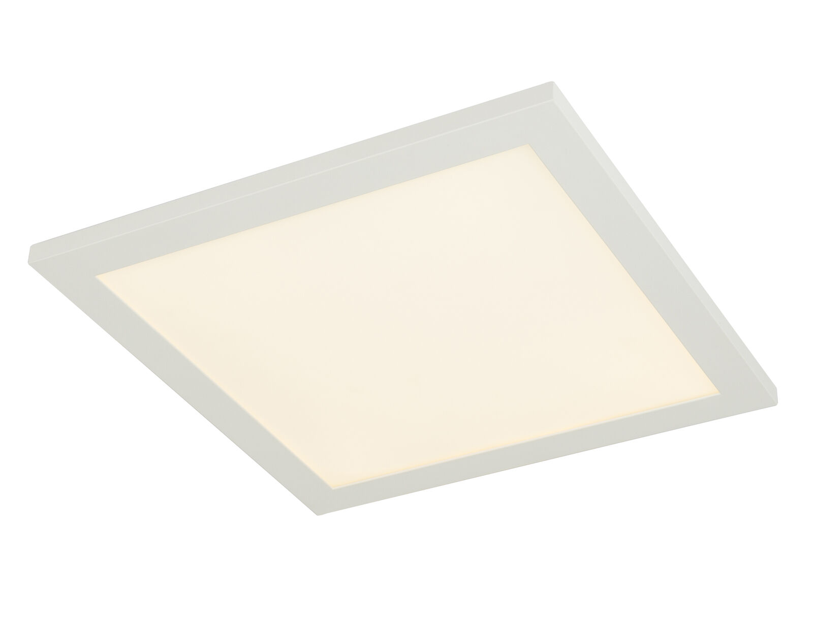 Quadratische Deckenleuchte mit hellem Lichtpanel und schmalem Rahmen  flach an der Decke montiert  frontal aufgenommen