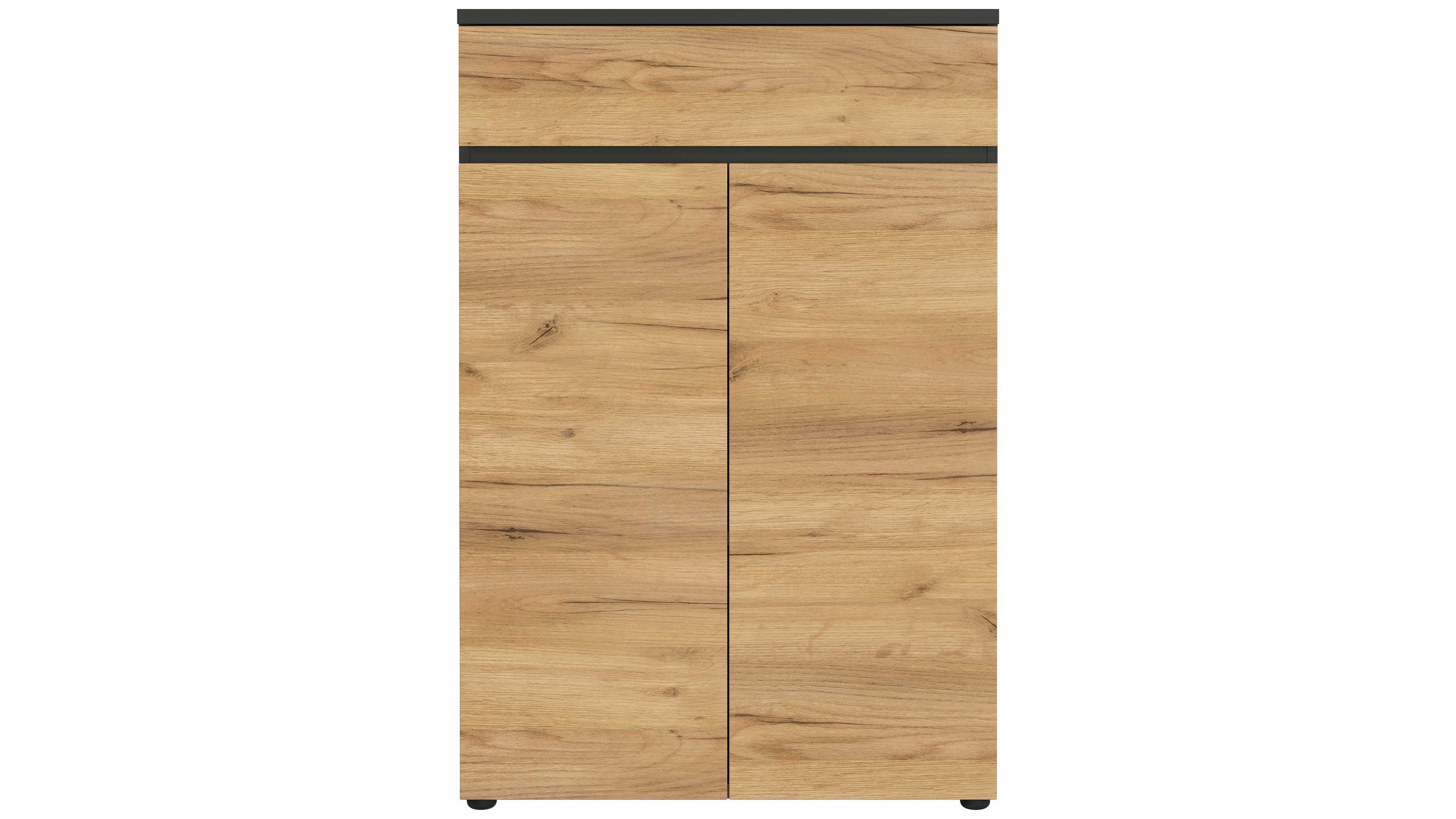 Schmaler Aktenschrank mit zwei Holztüren und einer Schublade oben in dunkler Farbe