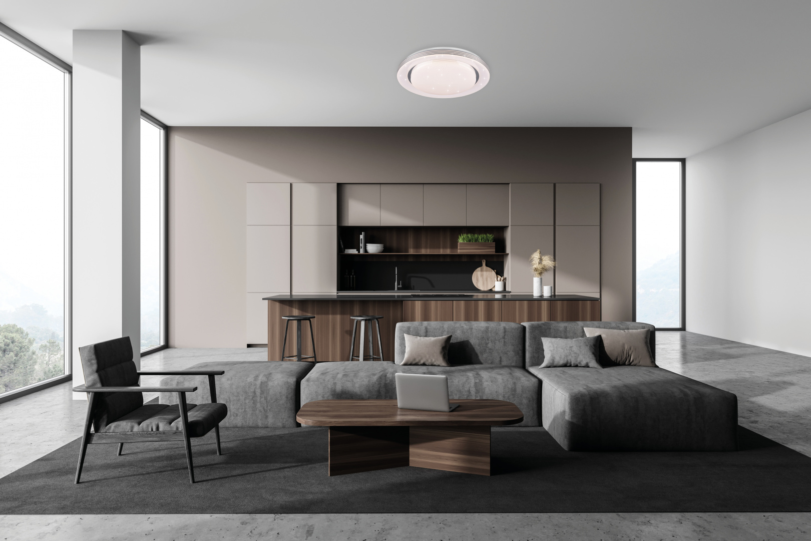 Moderne elegante Deckenleuchte aus weißem Kunststoff helles Wohnzimmer mit Sofa Küche im Hintergrund leicht von unten