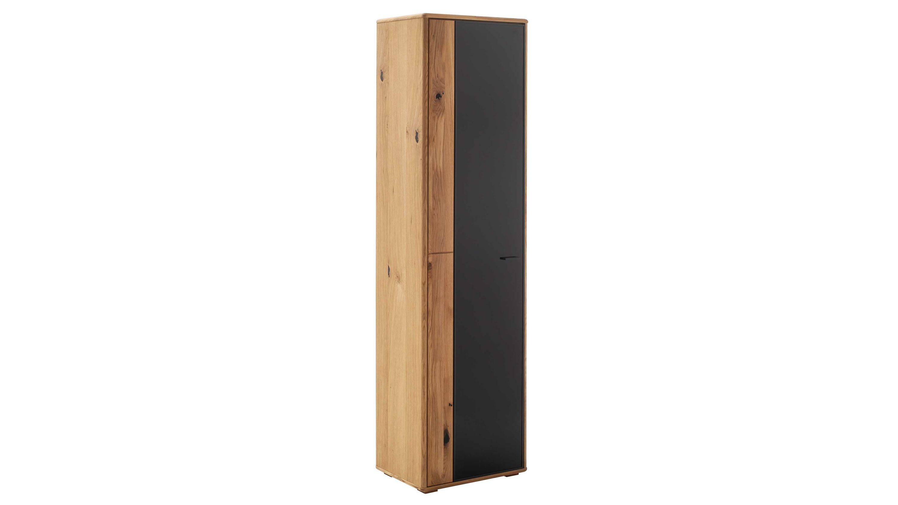 Hohe Vitrine mit einer Tür in Holzoptik und anthrazitfarbener Front