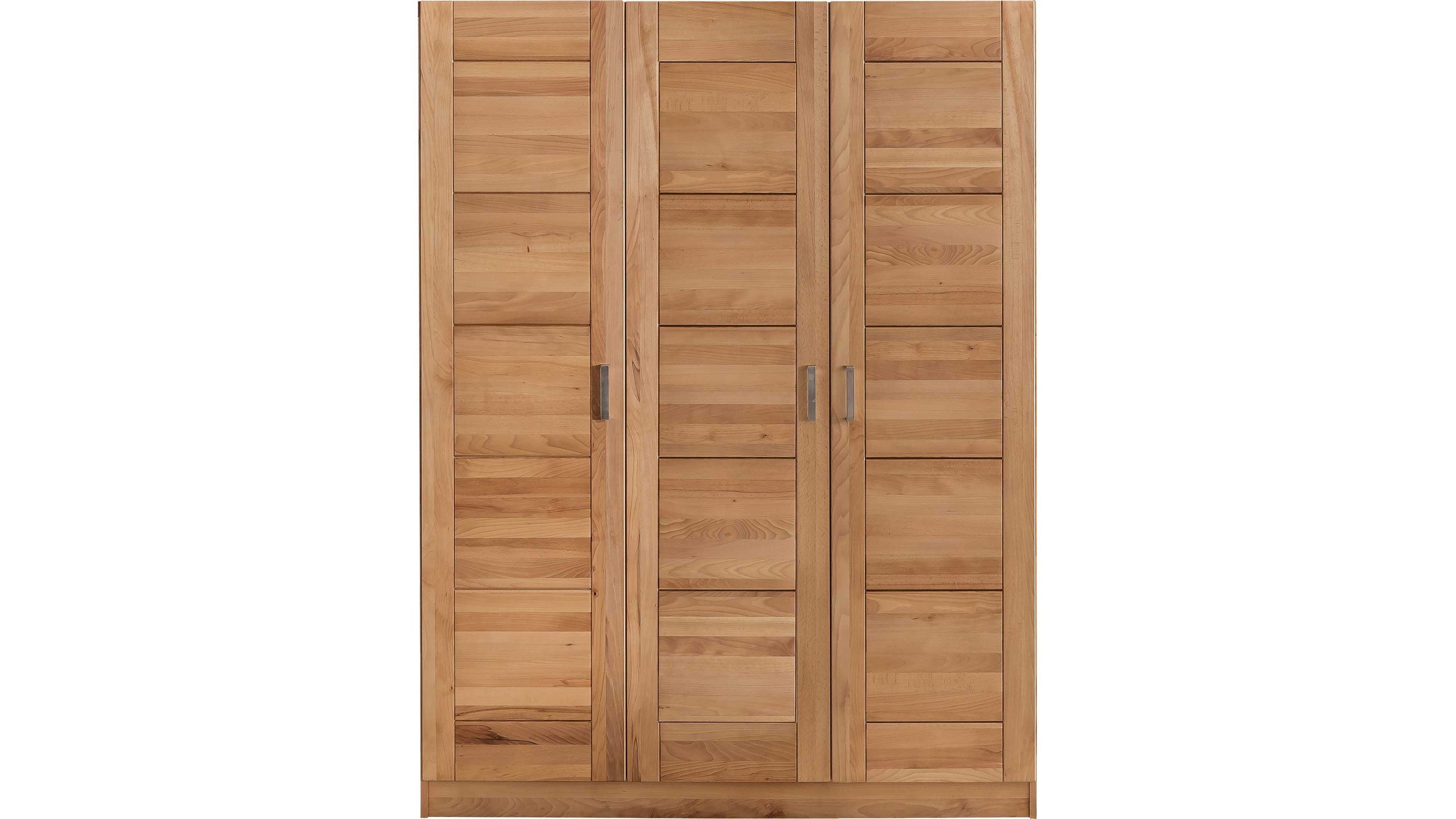 Drehtürenschrank aus hellem Holz mit drei Türen und Metallgriffen