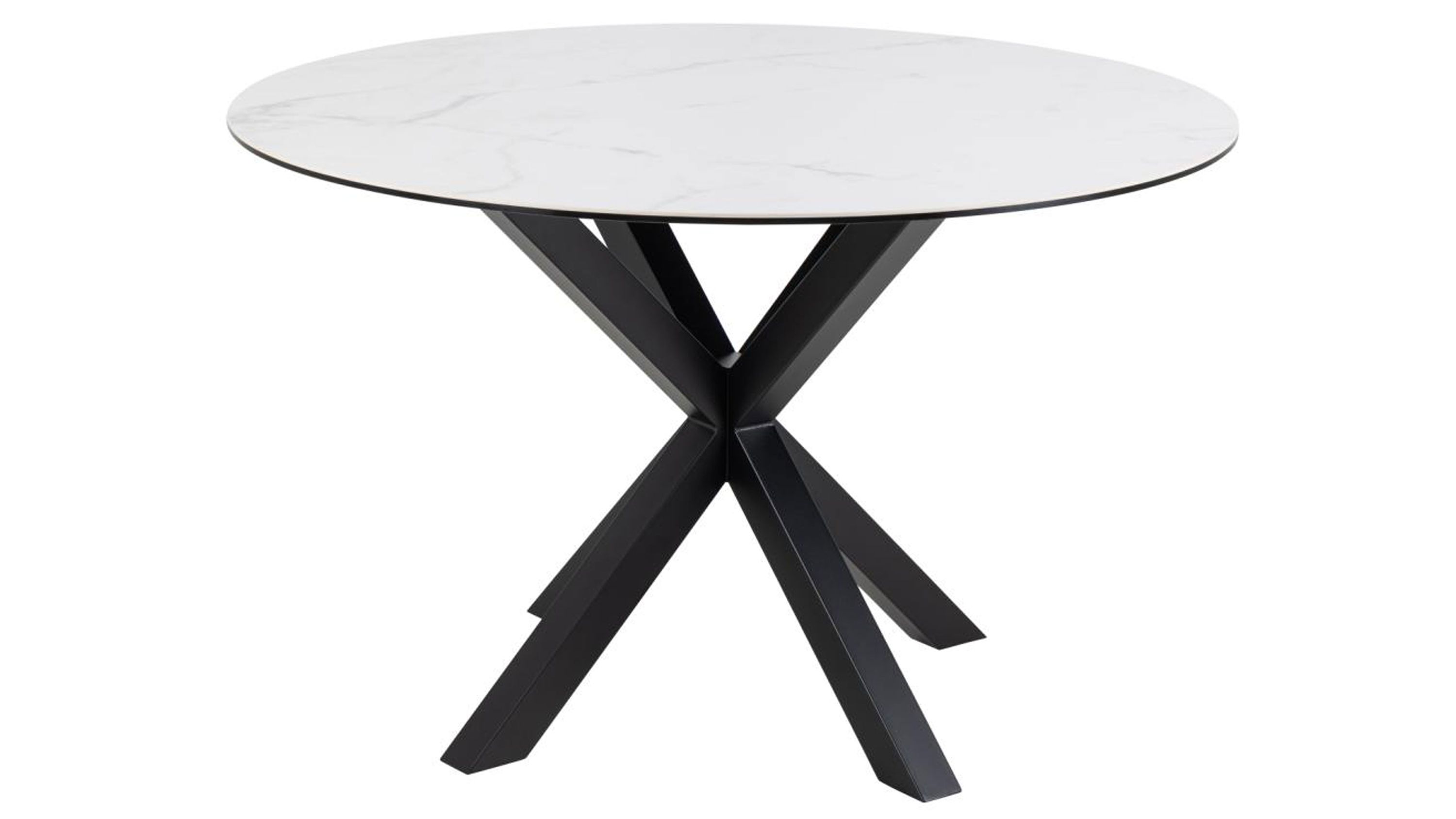 Runder Esstisch mit weißer Platte und schwarzem Metallgestell Runder Esstisch mit weißer Tischplatte und schwarzem Metallgestell in X-Form