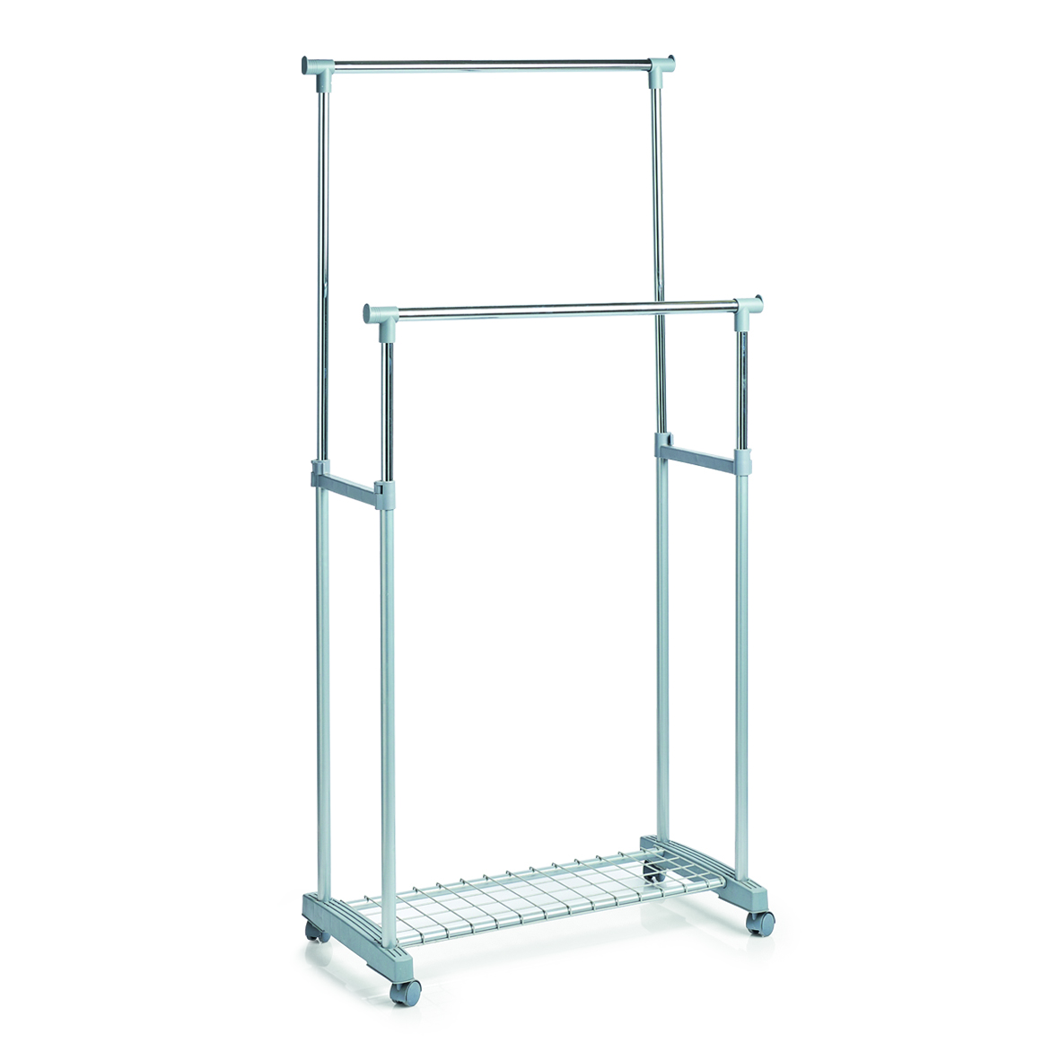 Rollgarderobe mit zwei Kleiderstangen und Ablagefläche Rollgarderobe aus silberfarbenem Metall mit zwei Kleiderstangen und Ablagefläche auf Rollen