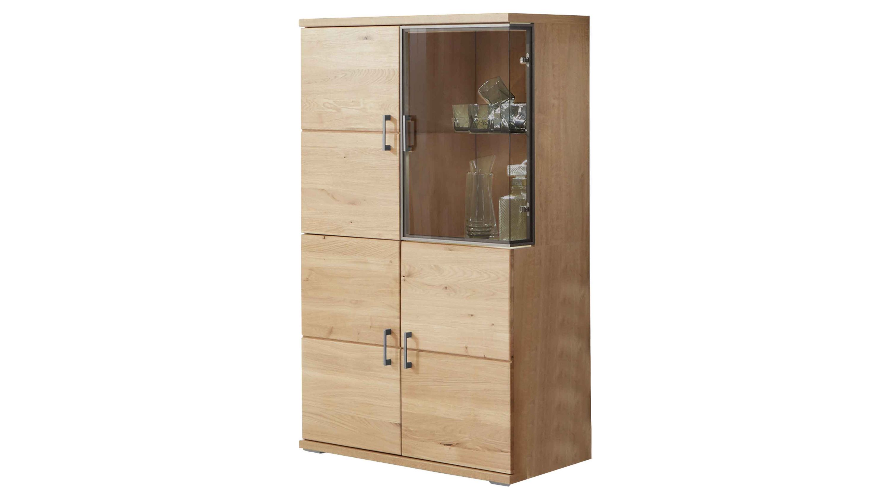 Vitrine mit vier Türen und braunem Glas Vitrine aus hellem Holz mit vier Türen davon eine Glastür mit braunem Glas und Metallgriffen
