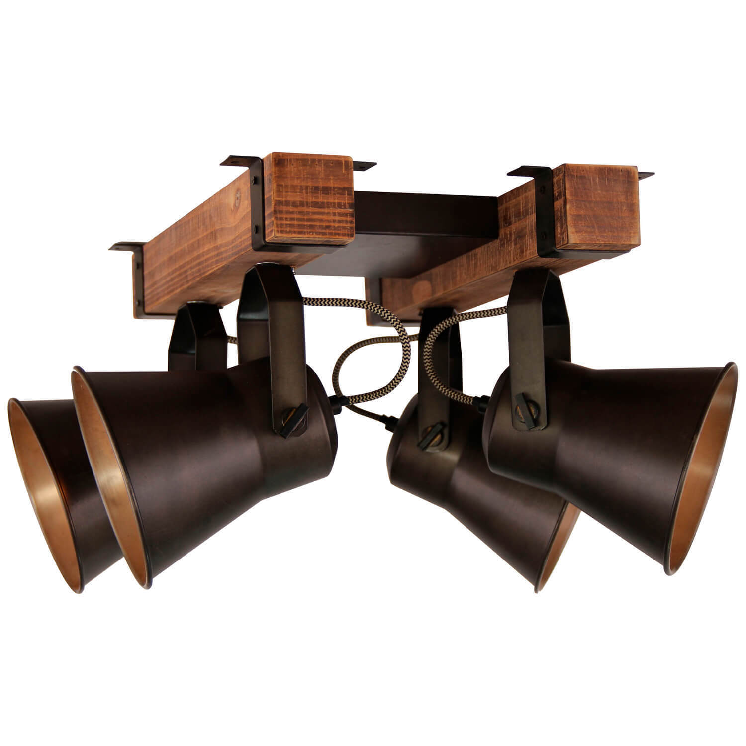 Deckenleuchte mit Metall-Holz-Basis und vier verstellbaren Spots Deckenleuchte mit quadratischer Basis aus Metall und Holz vier verstellbare Schirme frontal leicht von unten