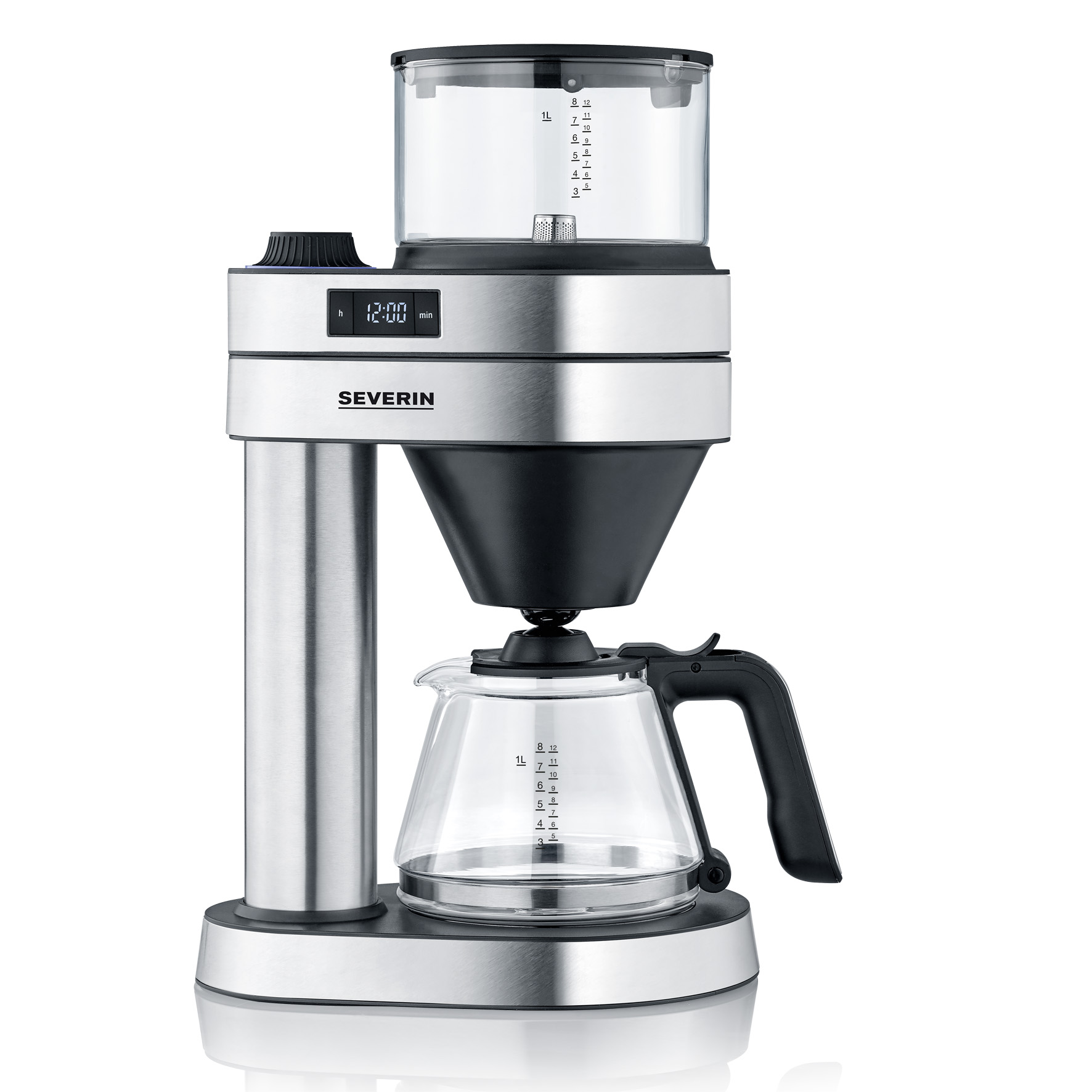 Filterkaffeemaschine  schwarz-silber  seitlich fotografiert