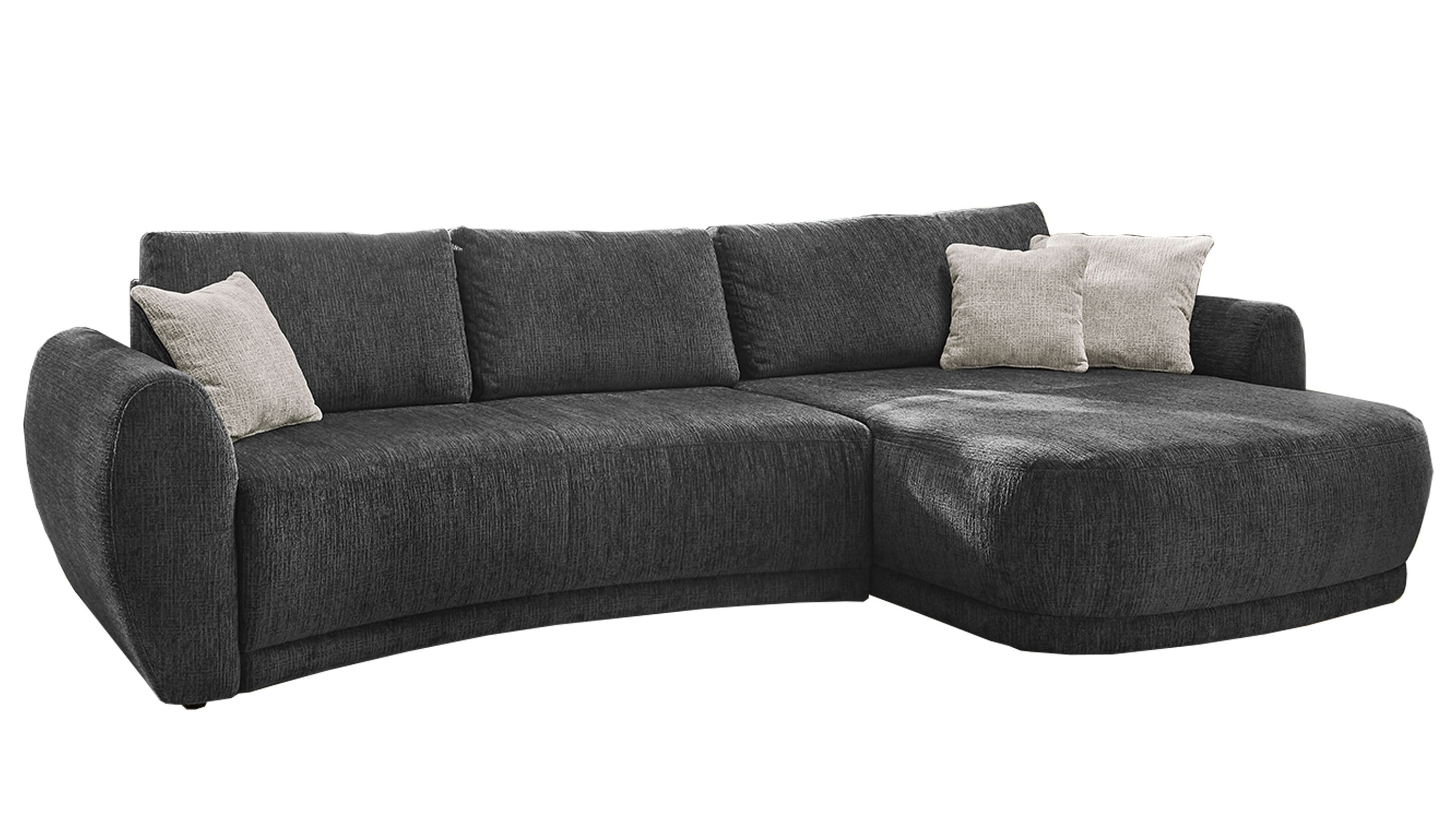 Ecksofa mit schwarzem Bezug und hellgrauen Kissen abgerundete Armlehnen