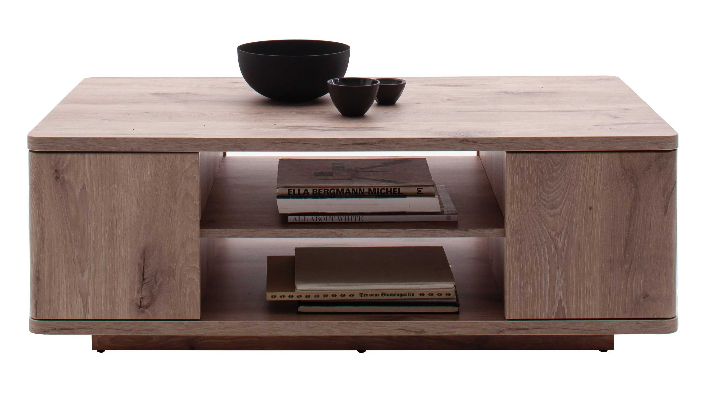 Quadratischer Couchtisch in Holzoptik mit offenen und geschlossenen Fächern schwarze Schalen auf der Oberfläche