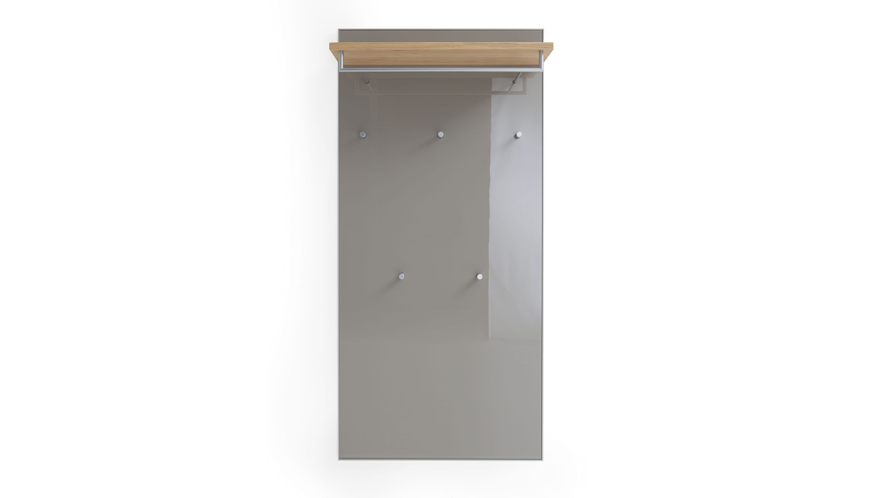 Wandgarderobe mit taupefarbenem Glas vier Metallhaken und einem Ablagebrett aus hellem Holz