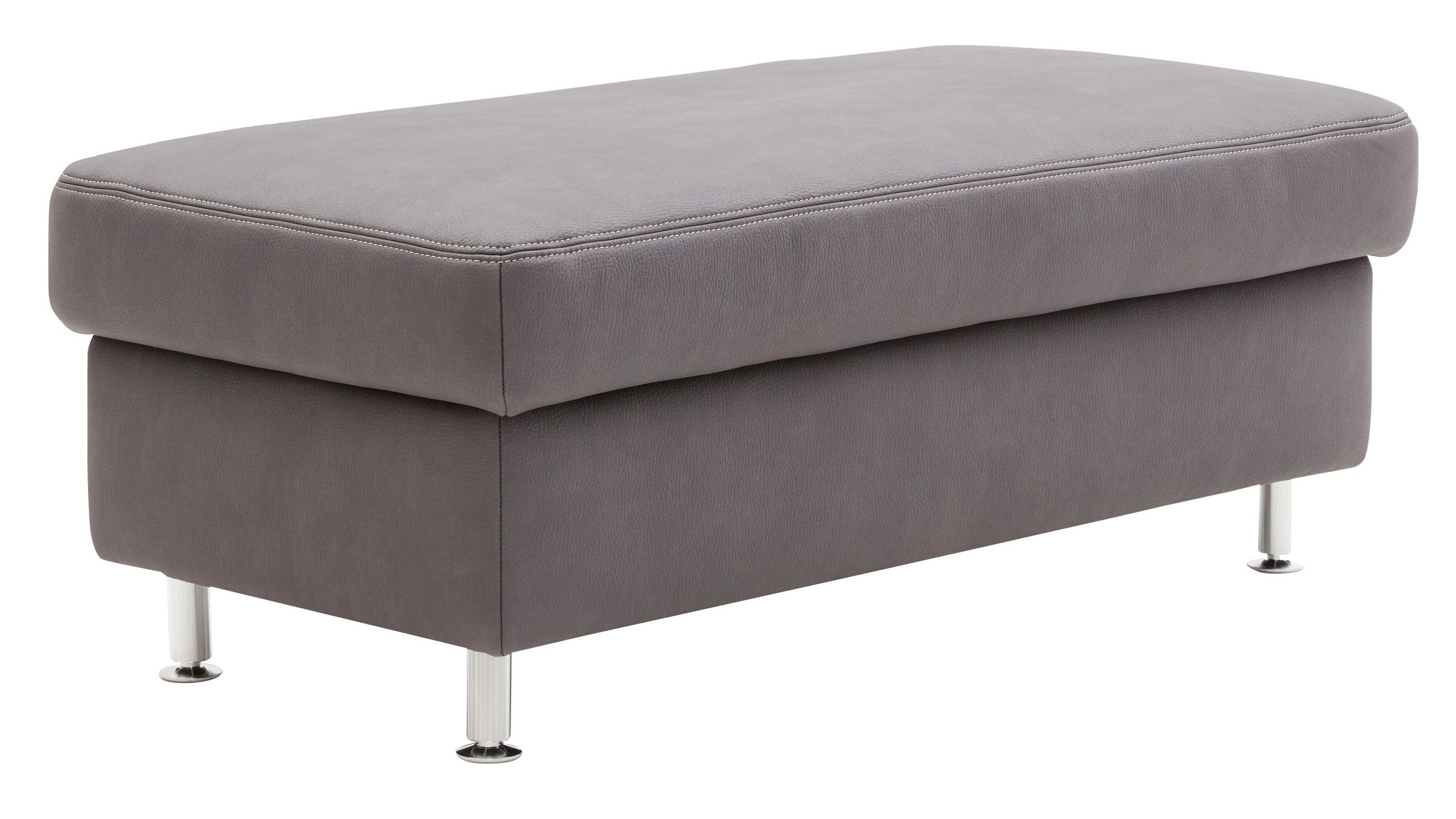 Rechteckiger grauer Hocker mit gepolstertem Sitz und vier kurzen Metallbeinen