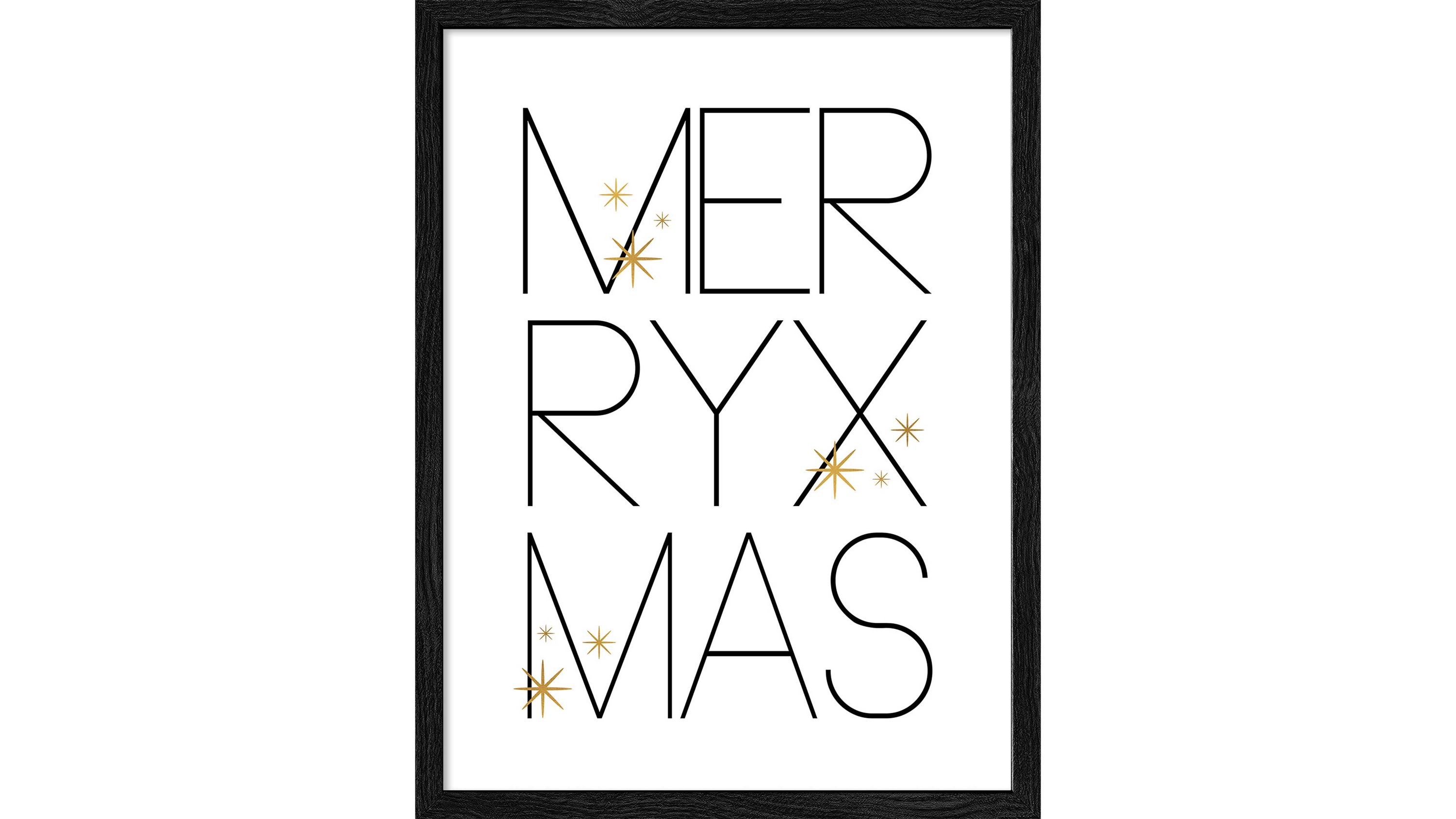 Schwarzer Bilderrahmen mit weißem Hintergrund und schwarzem Schriftzug Merry Xmas mit goldenen Sternen