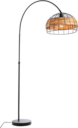 Bogenlampe mit schwarzem Metallgestell und braunem Halbschirm  frontal vor weißem Hintergrund fotografiert