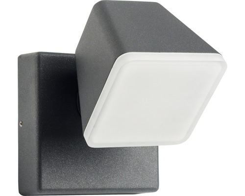 Außenwandleuchte, grau Schrägansicht von links auf eine graue Außenwandleuchte aus Metall  montiert an einer Wand