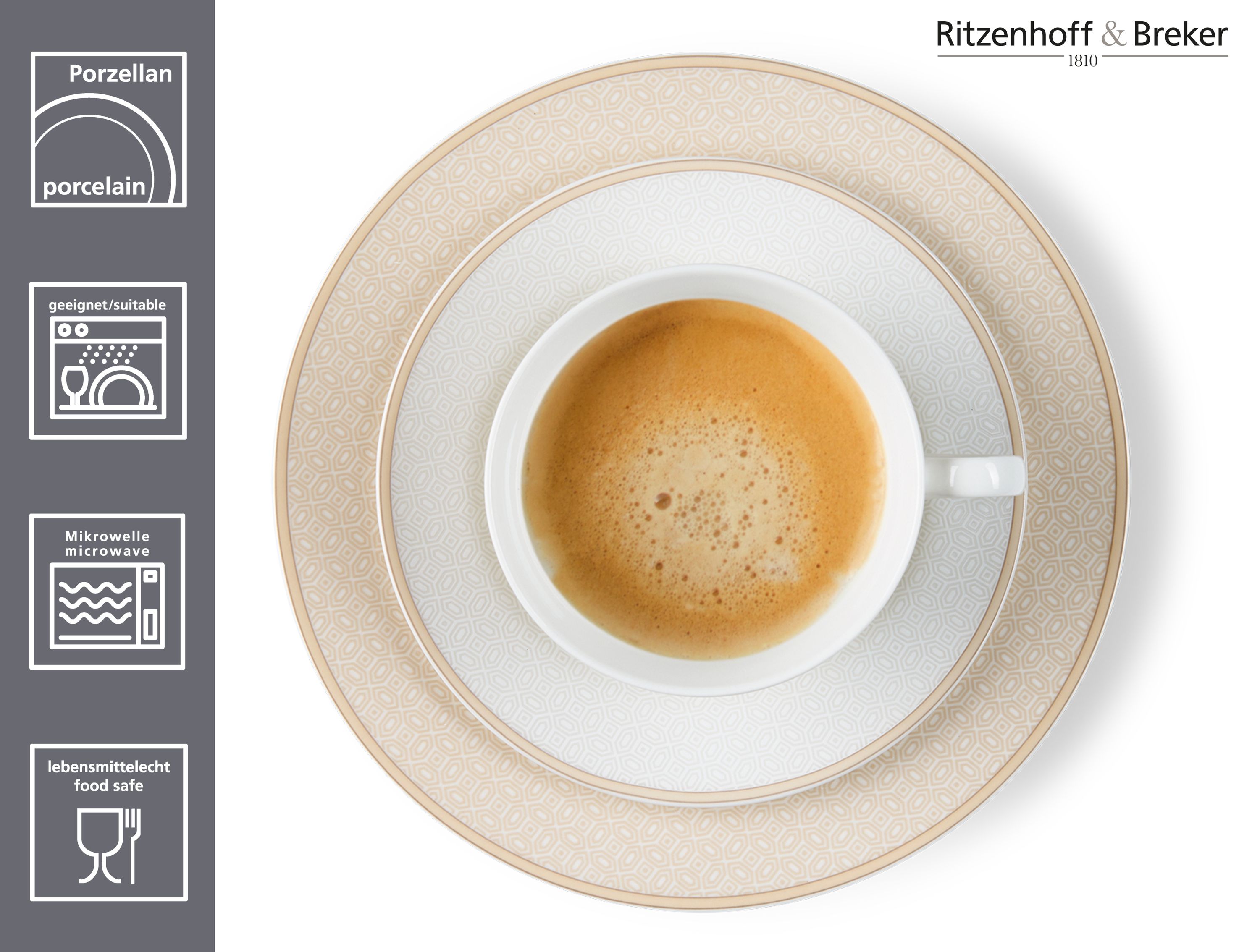 Kaffeetasse mit Henkel auf kleinem und großem Teller mit beigem geometrischem Muster