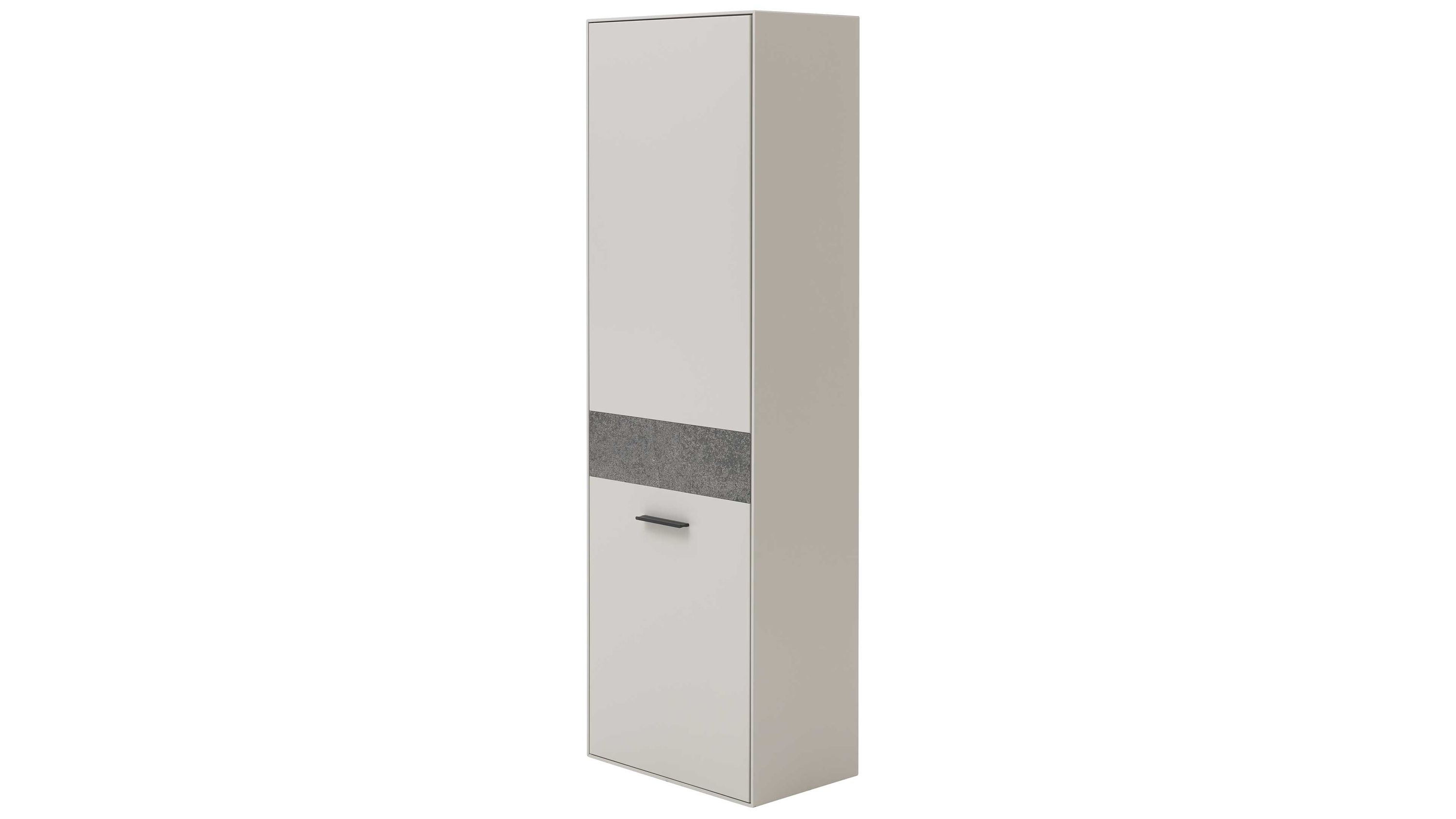 Garderobenschrank mit einer Tür in Creme und Grau Schmaler Garderobenschrank mit einer cremefarbenen Tür und einem grauen Streifen in der Mitte