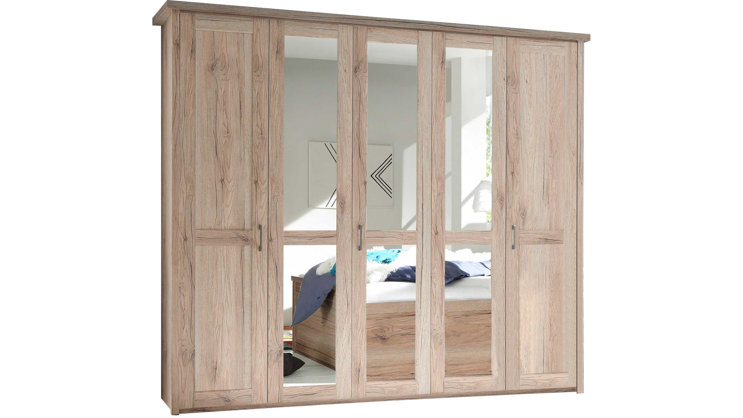 Kleiderschrank mit fünf Türen zwei mittlere Türen mit Spiegeln helle Holzoptik