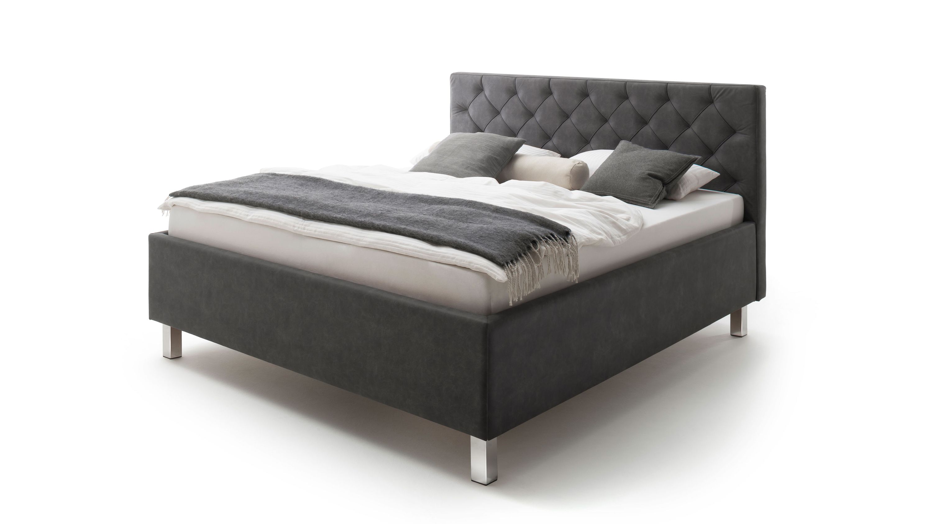 Polsterbett mit Bettkasten und Metallfüßen Polsterbett mit anthrazitfarbenem Bezug gestepptem Kopfteil und Metallfüßen mit Bettkasten